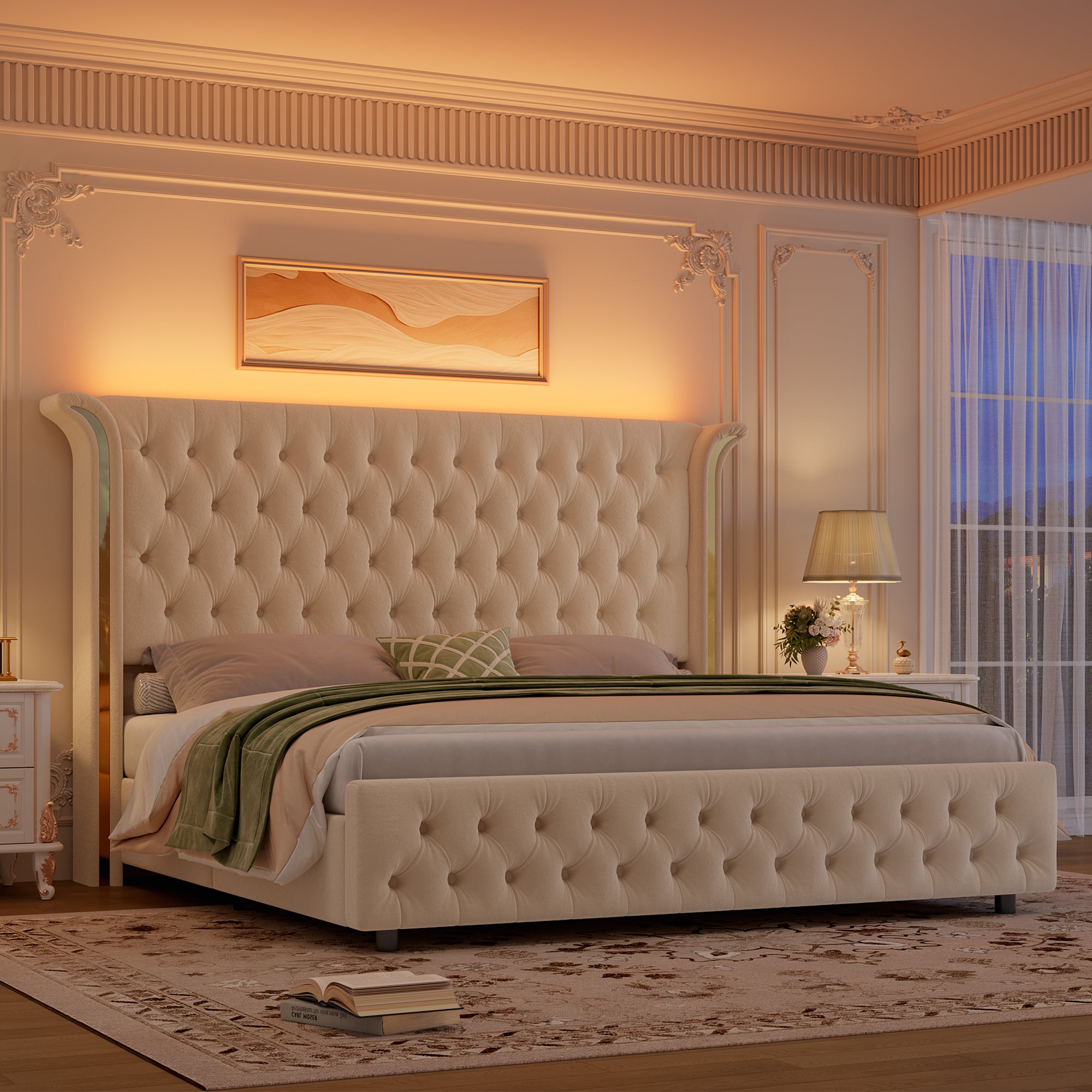 Hiphuta Queen Bed with LED Light, Cama Queen Platform Bed with Button Tufted Velvet Upholstered Headboard, White