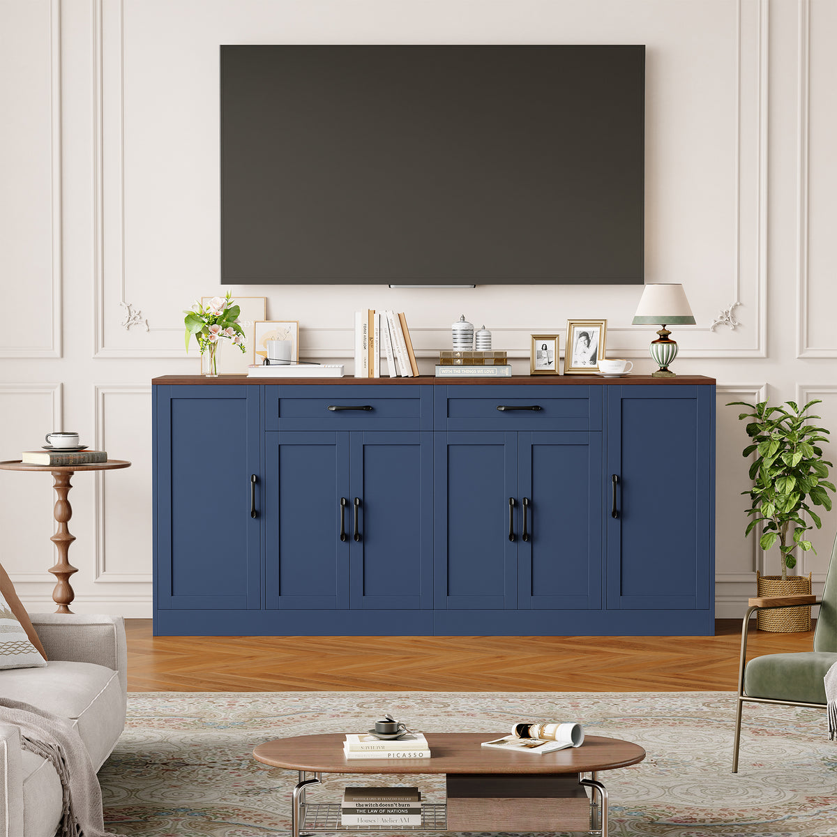 Hiphuta 70.8"W Large Buffet Cabinet with 6 Doors, Modern Farmhouse Sideboard with 2 Drawers, Coffee Bar for Kitchen Dining Room Living Room, Blue