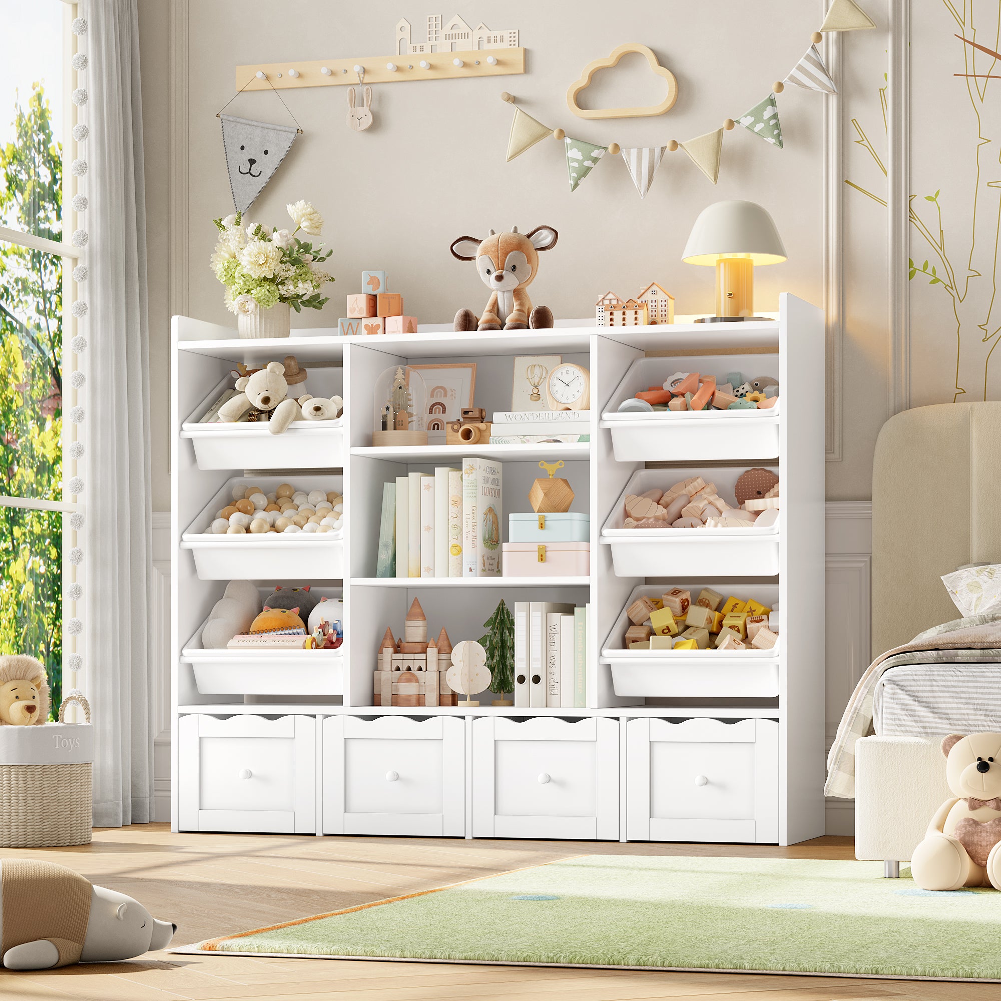 Hiphuta 55" Wide Toy Storage Organizer with 4 Removable Drawers, 4-Tier Kid Bookcase with 6 Bins, Toy Organizer with Bookcase for Kid Bedroom Playroom, White