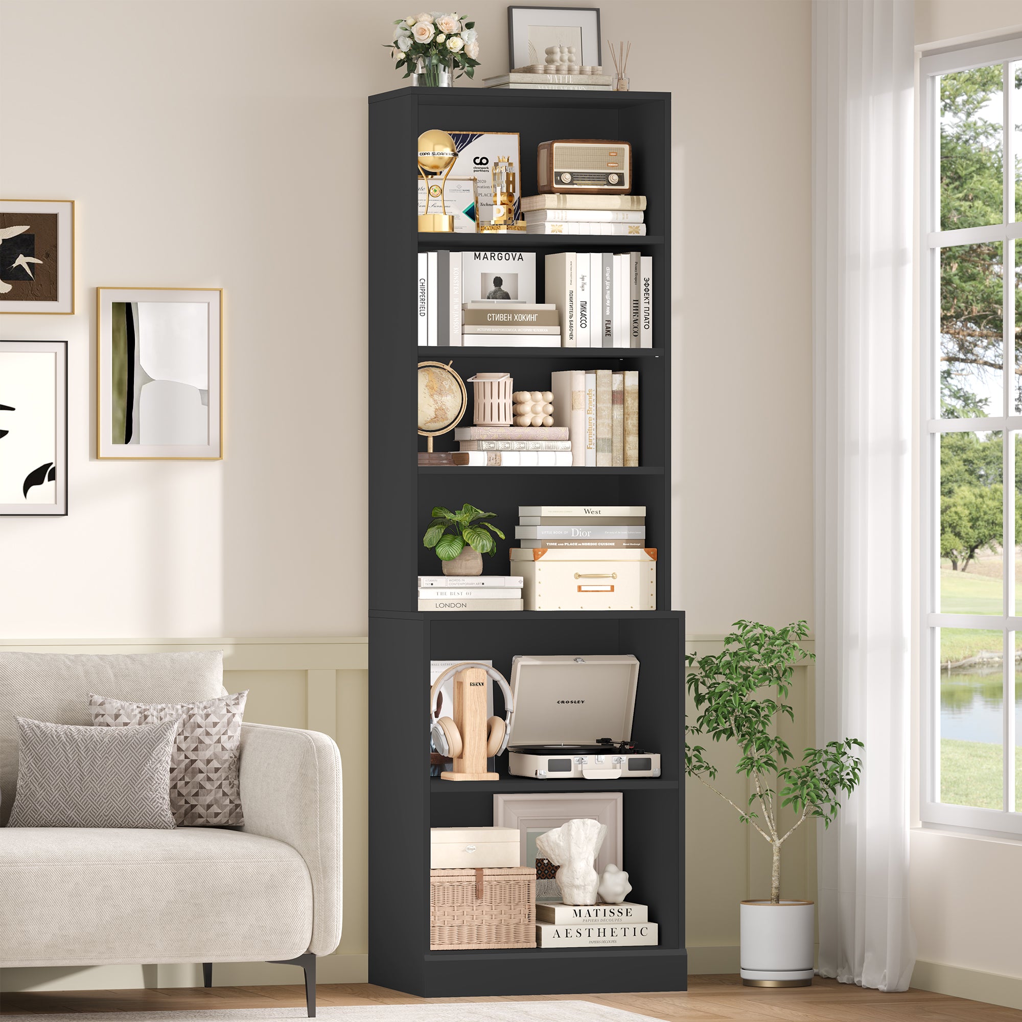 Hiphuta 73 in Tall 6-Tier Bookcase, 22" Wide Bookcase with Adjustable Shelf, Modern Minimalist Bookshelf for Home Office, Living Room, Black