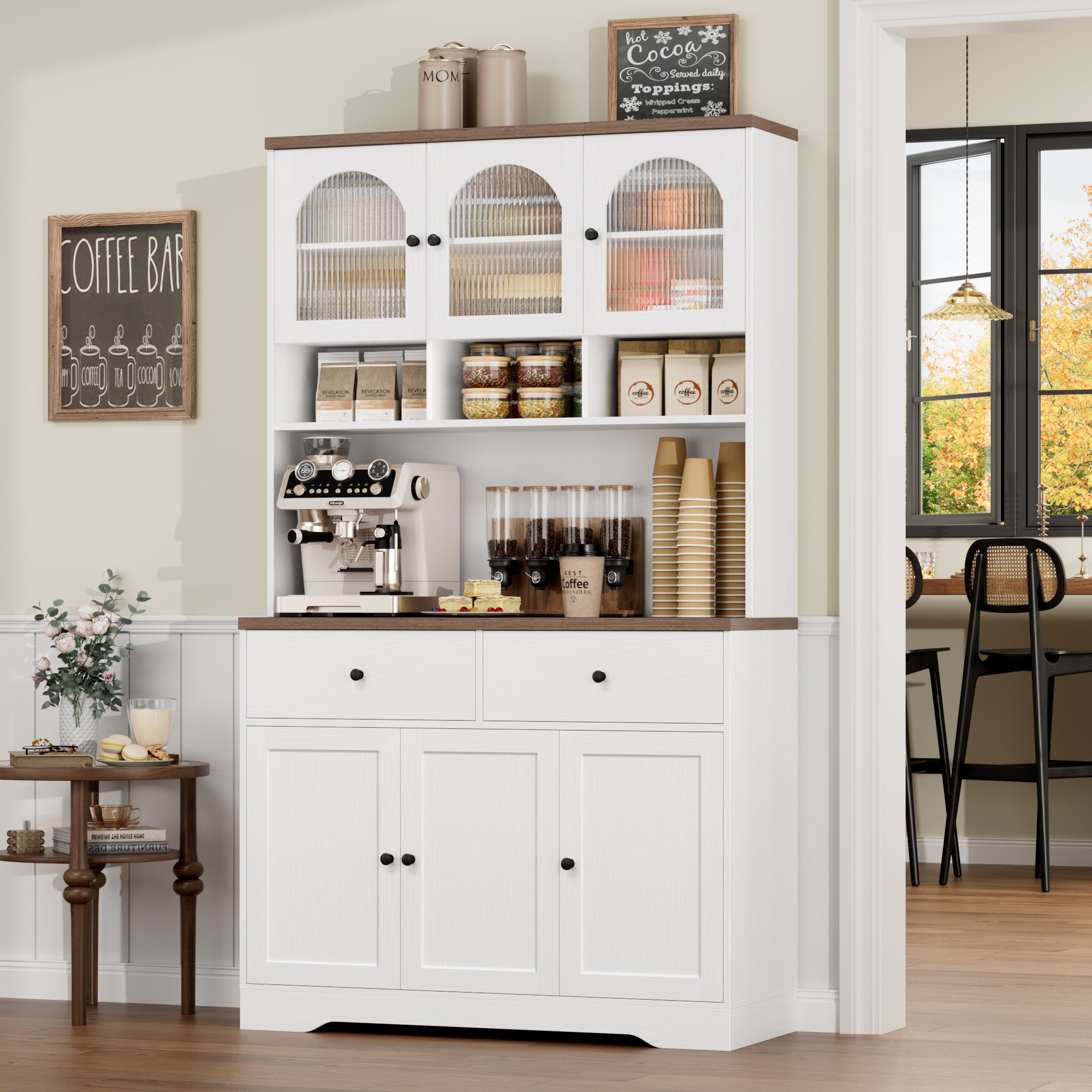 Hiphuta 71" Farmhouse Kitchen Pantry Storage Cabinet, Freestanding Hutch with Adjustable Shelves & Microwave Stand, Cupboard for Dining Room, White