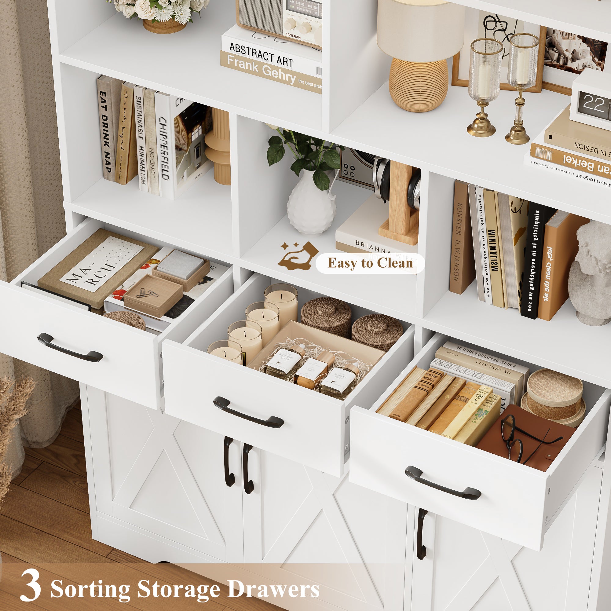 Hiphuta 71" Tall Bookcase with 3 Drawers and Doors, 43" Wide Farmhouse Bookcase with 8 Open Compartments for Office Living Room, White