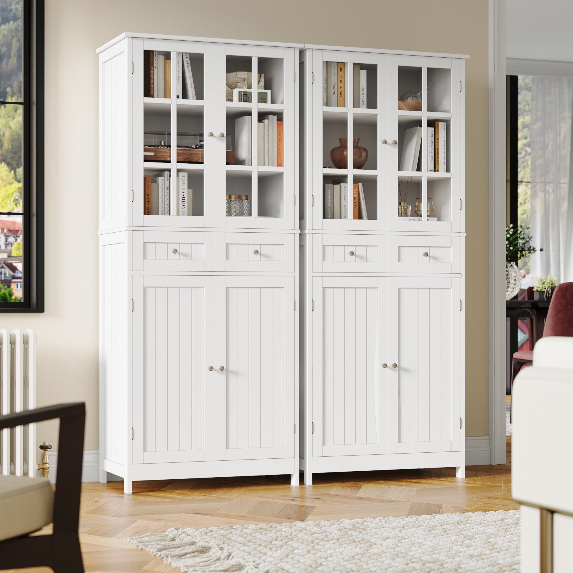 Hiphuta 71''H Kitchen Pantry Cabinet with Glass Doors, Storage for Dining Room Living Room, White