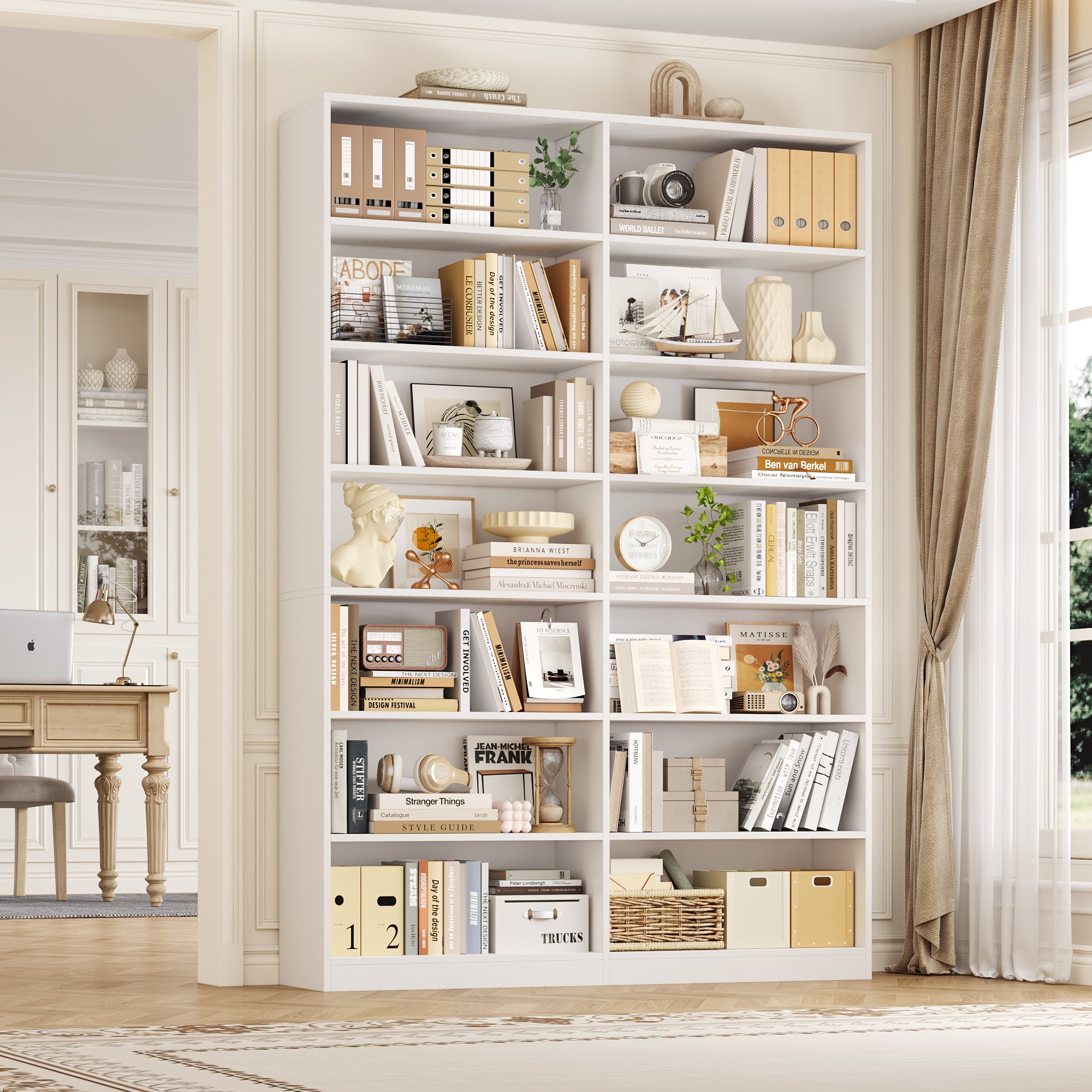Hiphuta 83.6"H x 47.2"W Wood Double 7-Tier Standard Bookcase, Tall Bookcase for Bedroom, Living Room and Office, Freestanding Display Storage Shelves, White