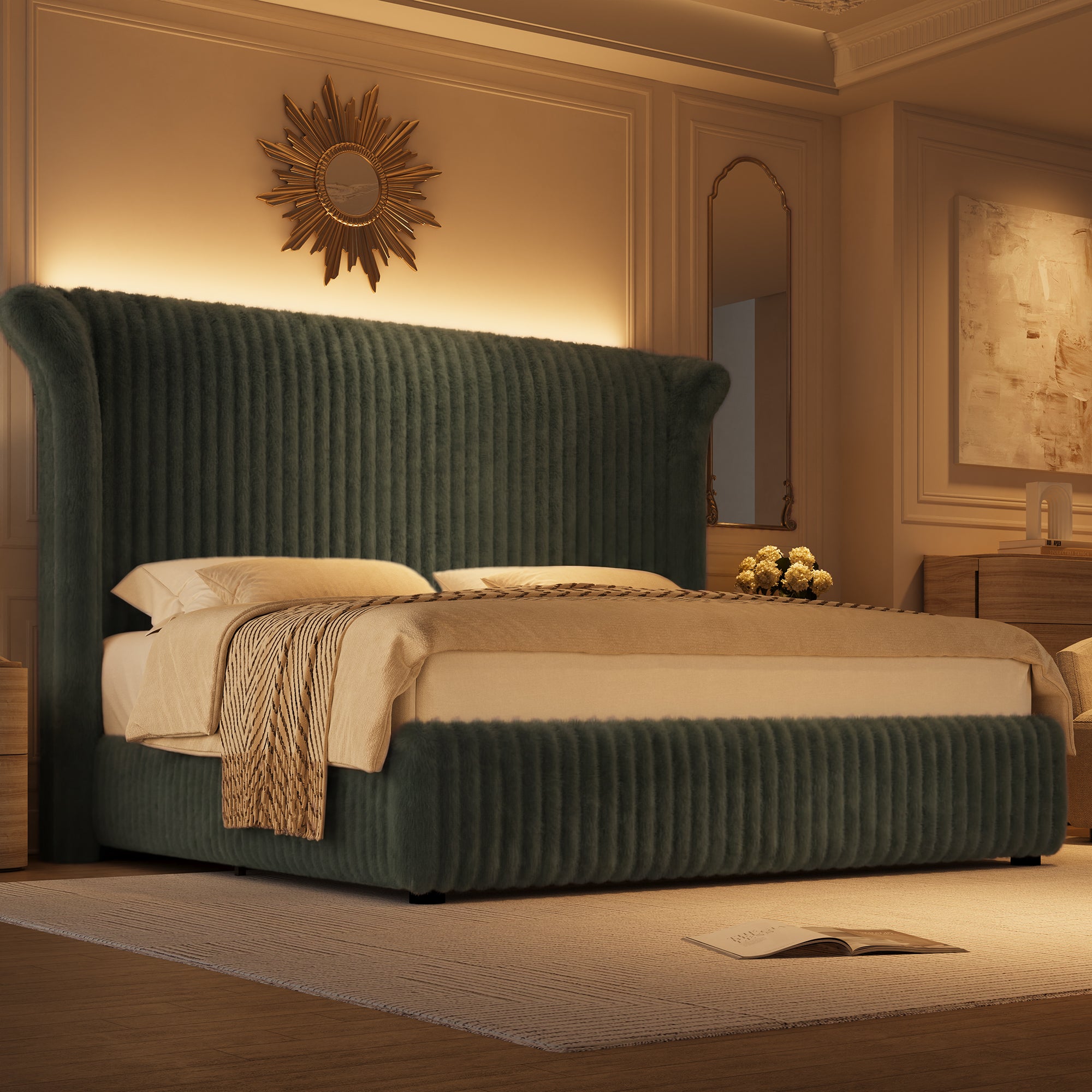 Hiphuta Modern King Size Corduroy Upholstered Bed Frame, LED Platform Bed Frame with 55"H Vertical Stripe Tufted Corduroy Velvet Wingback Headboard, Green