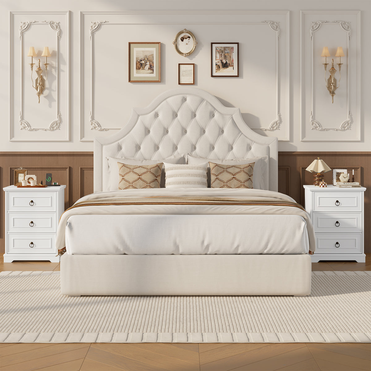 Hiphuta Set of 2 Nightstands with 3 Large Drawers, Farmhouse Sofa Tables with Charging Station, Vintage Bedside Tables for Bedroom and Living Room, White