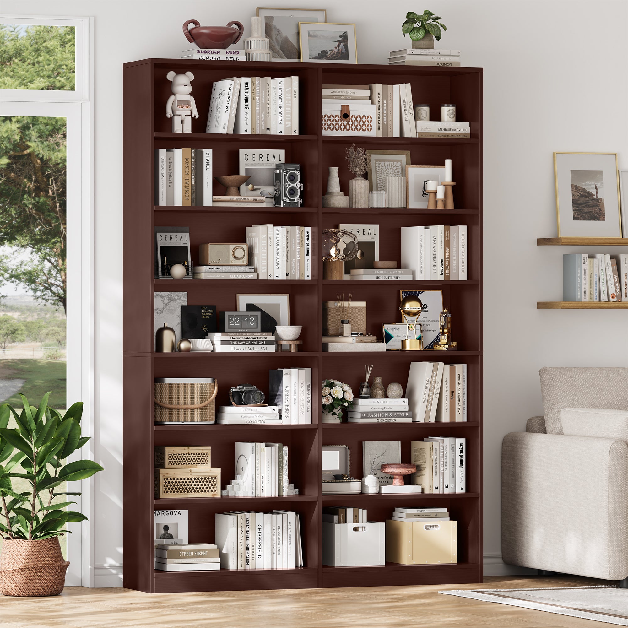 Hiphuta 84"H Double Wide 7-Tier Bookcase, Large Modern Bookcase with 14 Cubes for Home Office and Living Room, Freestanding Display Book Shelves, Cherry
