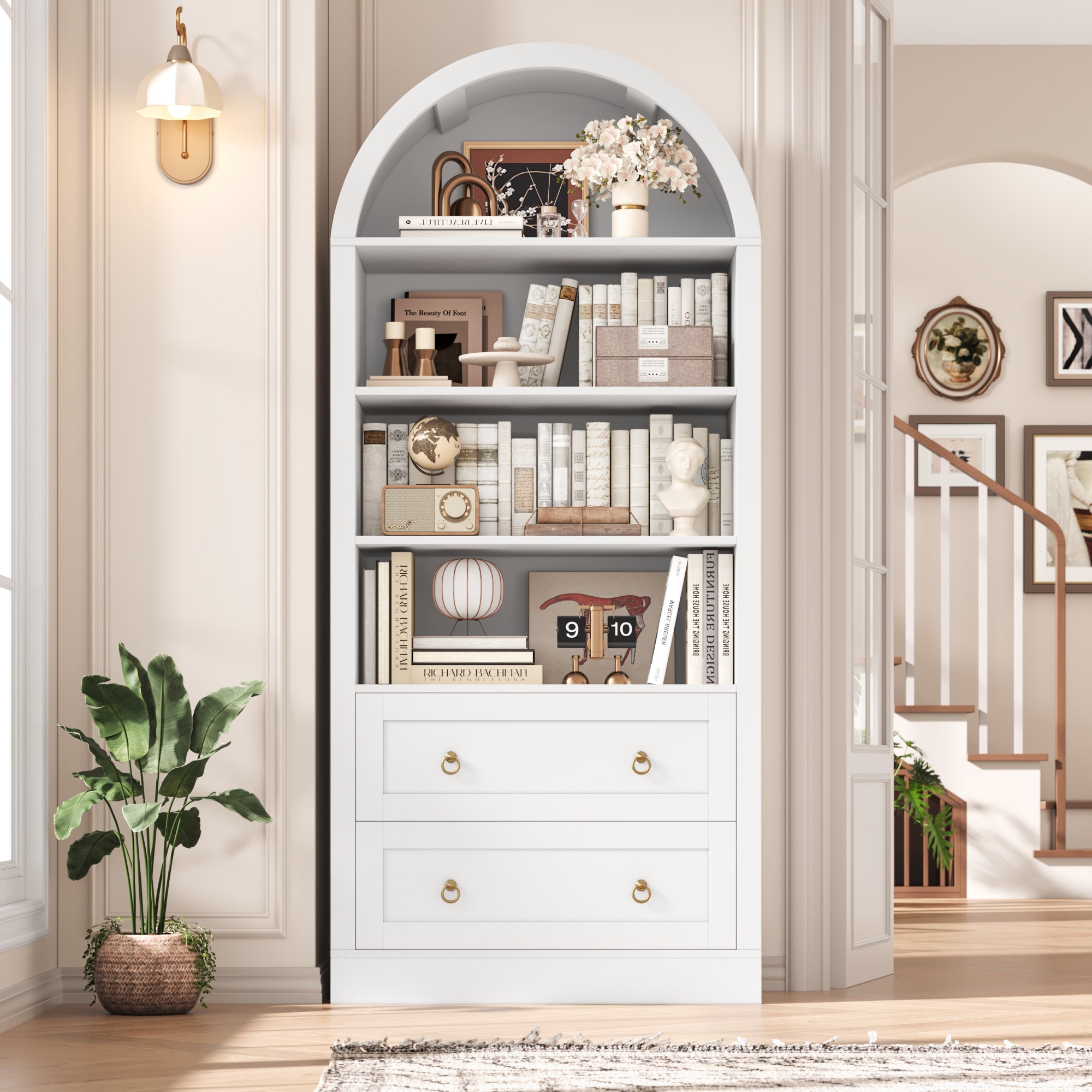 Hiphuta Arched Bookshelf with 2 Drawers, Standard Tall Wood Bookcase for Home Office, White