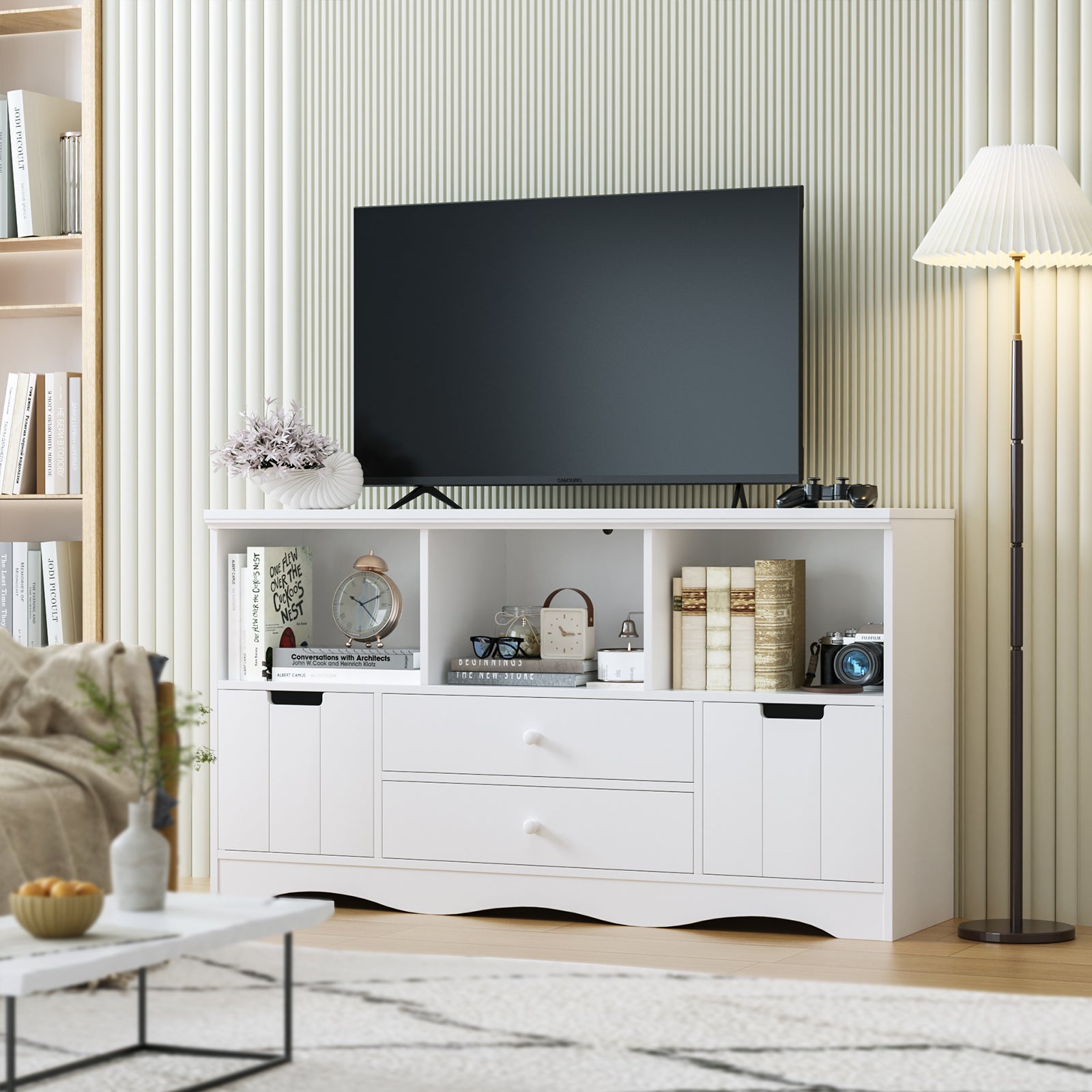 Hiphuta Wood Family TV Stand with 4 Drawers & 3 Cubes Storage for Living Room, White