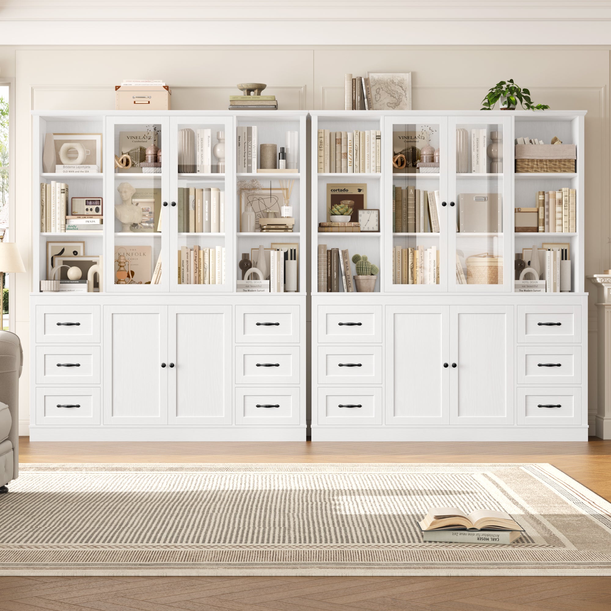 Hiphuta 74 in Tall Bookcase with 6 Drawers, Large Bookcase with Glass Door and Adjustable Shelves, Farmhouse Bookcase for Office Living Room, White