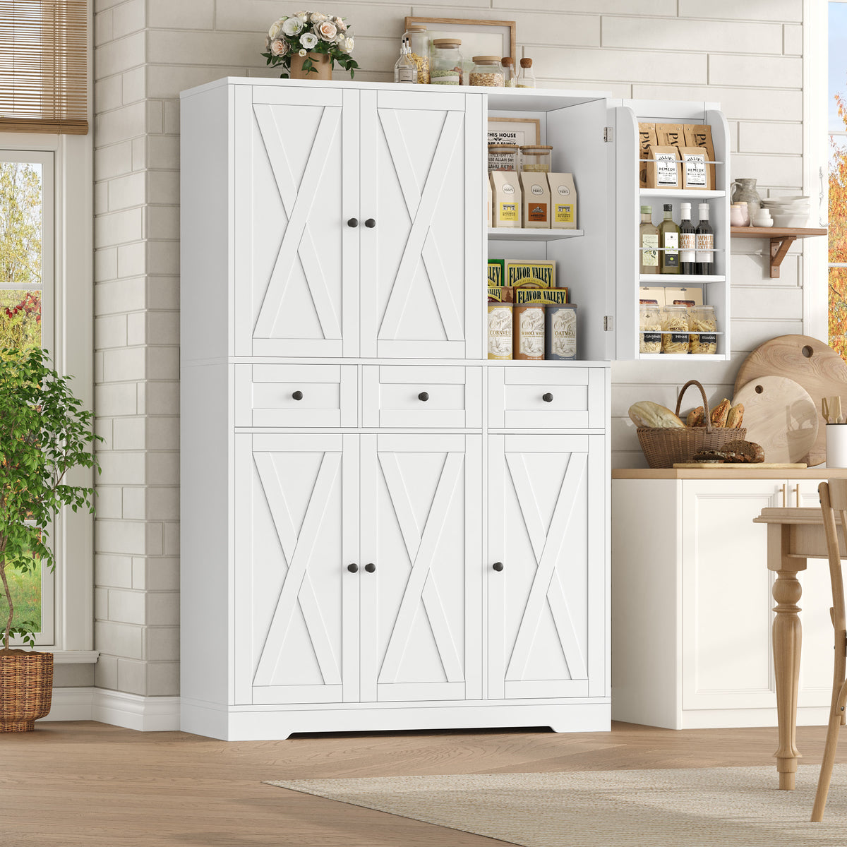 Hiphuta Farmhouse Kitchen Pantry Cabinet with Doors, Large Pantry Stroage Cabinet for Kitchen Dining Room, White