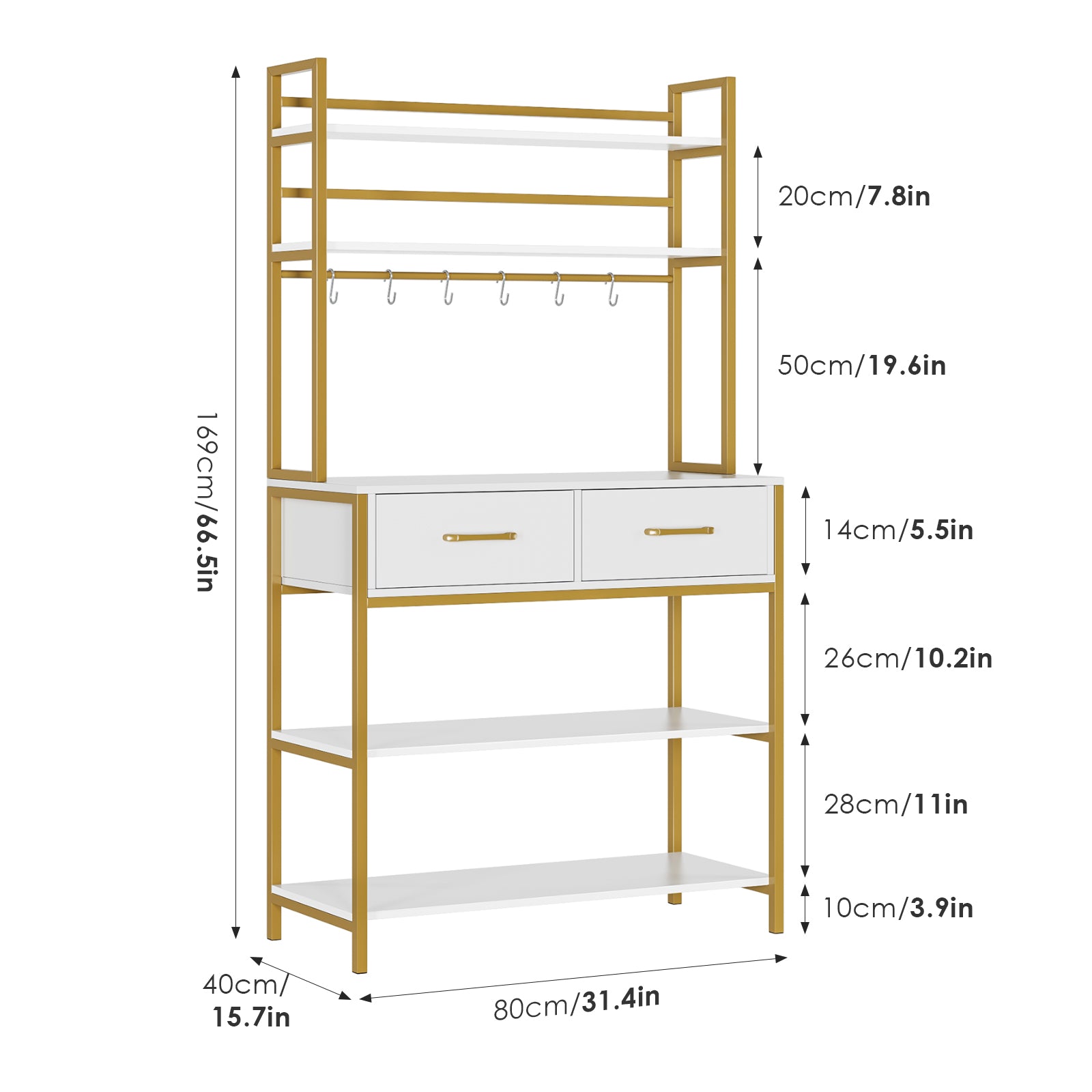 Hiphuta 31.5'' 5-Tier Kitchen Wood Bakers Rack with 2 Drawers, Gold White