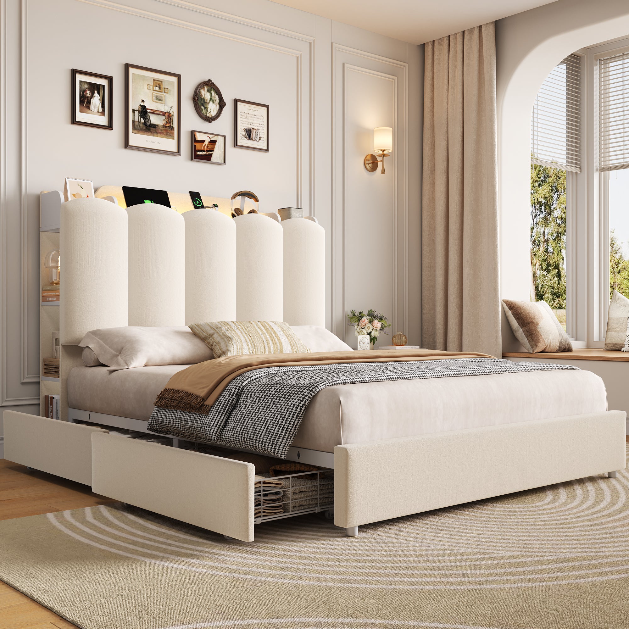 Hiphuta Queen Size Bed Frame with Upholstered Headboard, Led Bed with Storage Headboard, White