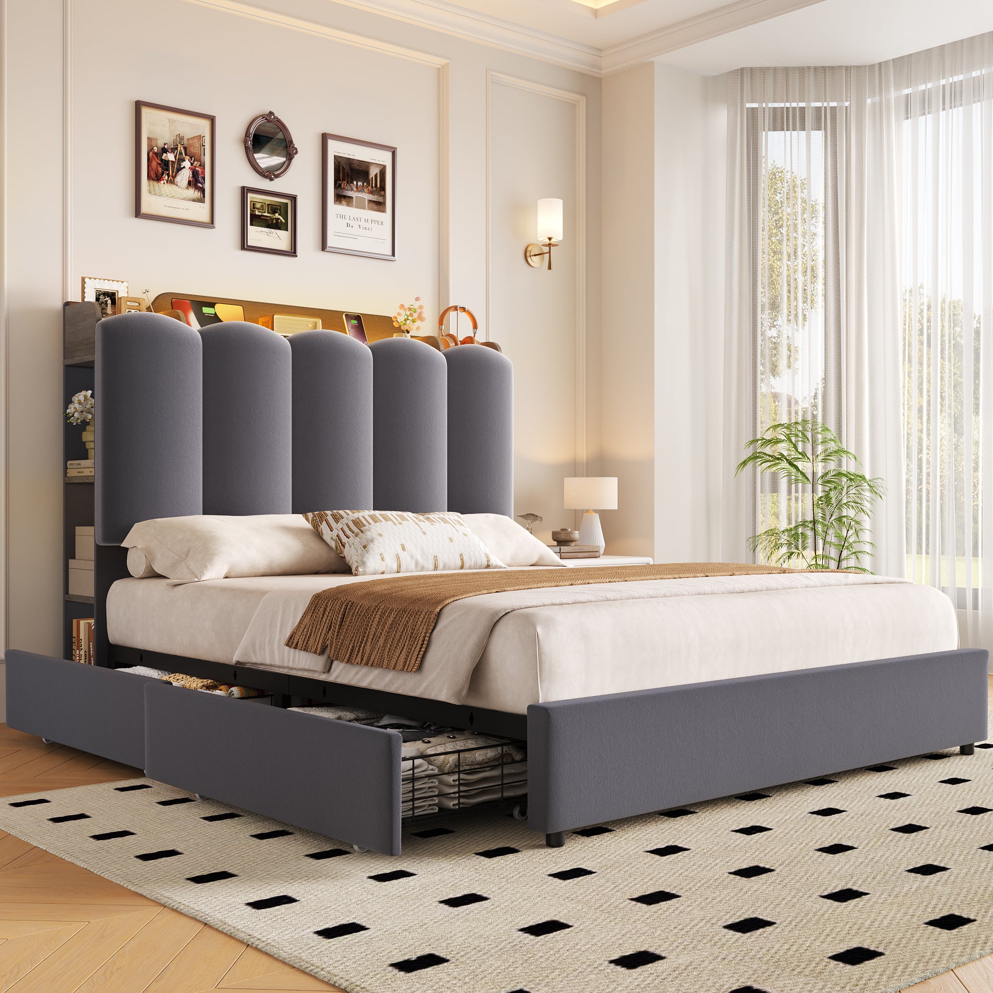 Hiphuta Full Size Bed Frame with Upholstered Headboard, Led Bed with Storage Headboard, Gray