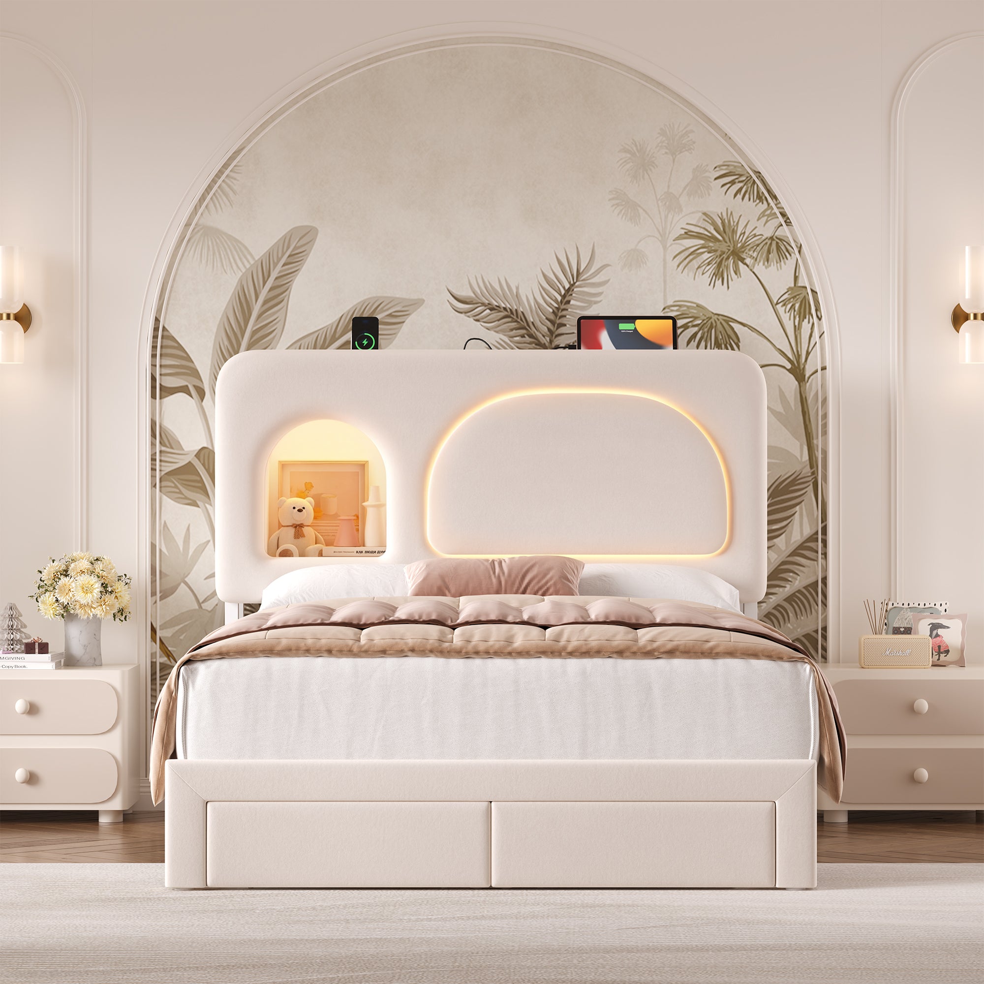 Hiphuta Full Size Bed Frame with RGB LED and Power Outlets, Velvet Upholstered Platform Bed with Drawers and Side Storage, White