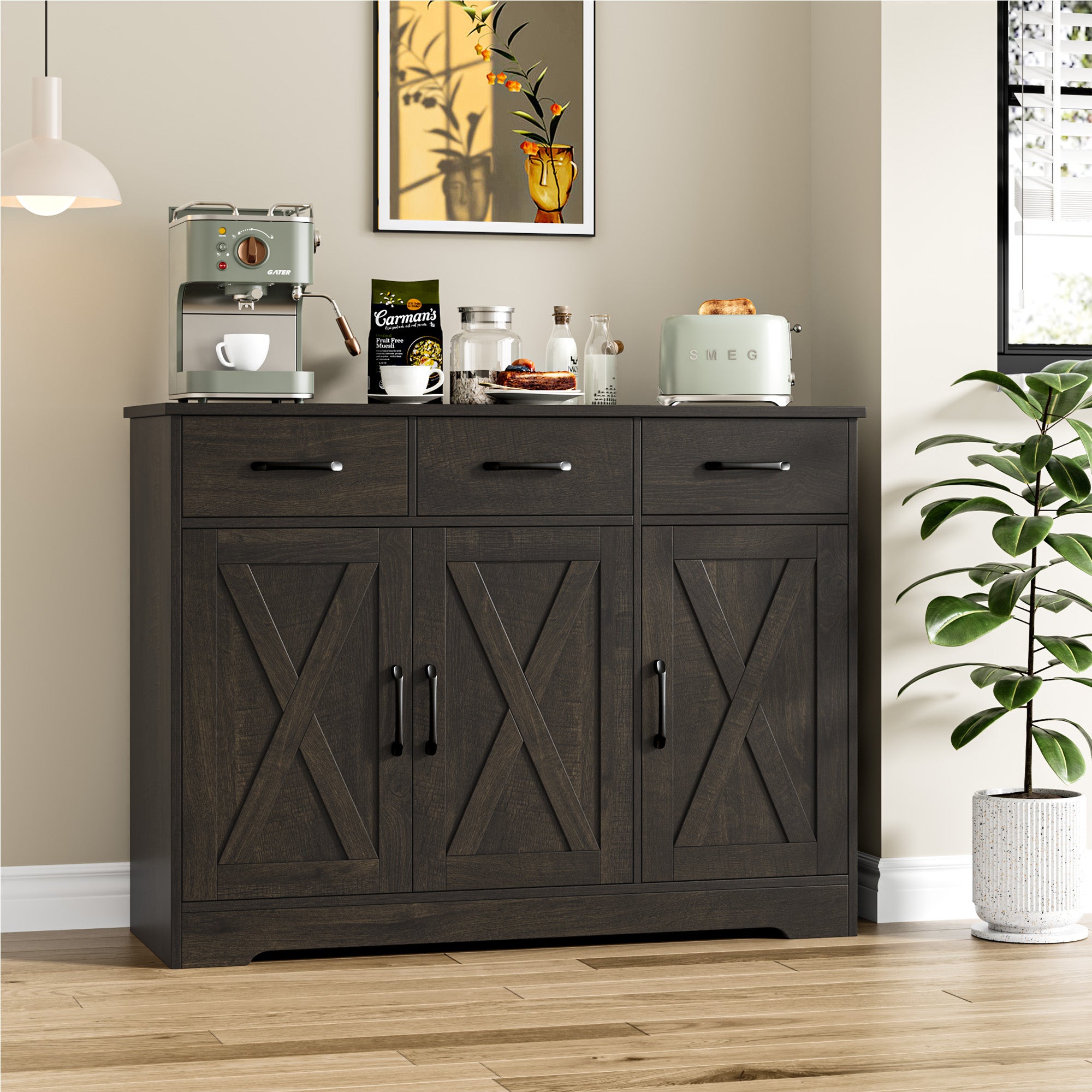 Hiphuta 42.5” Wide Modern Buffet Sideboard, Farmhouse Credenza with Adjustable Shelf & 3 Drawers, Dark Brown