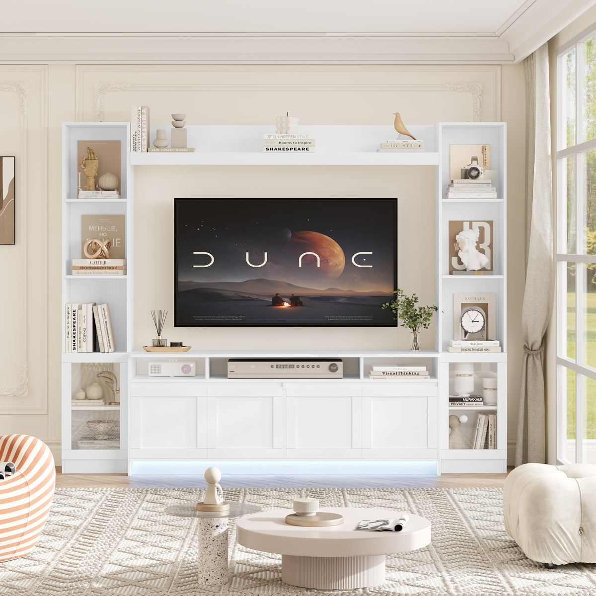 Hiphuta 79" W Wall Unit Entertainment Center for TVs up to 65", Farmhouse Wall Unit TV Stand with Bookshelves and Cabinet, Entertainment Center with LED Lights for Living Room, White