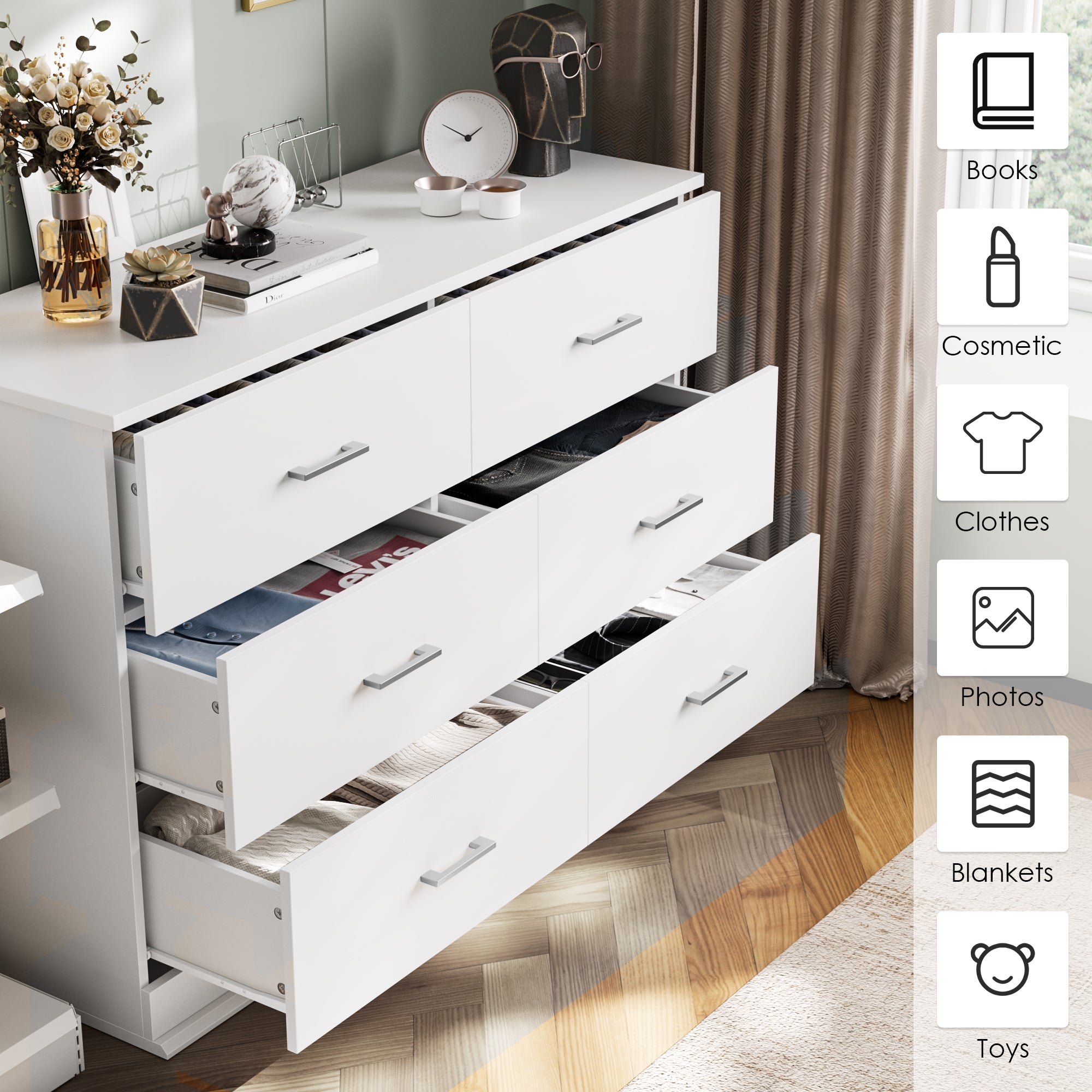 Hiphuta 47'' Wide Modern 6 Drawer Double Dresser, Chest of Drawers for Bedroom, White