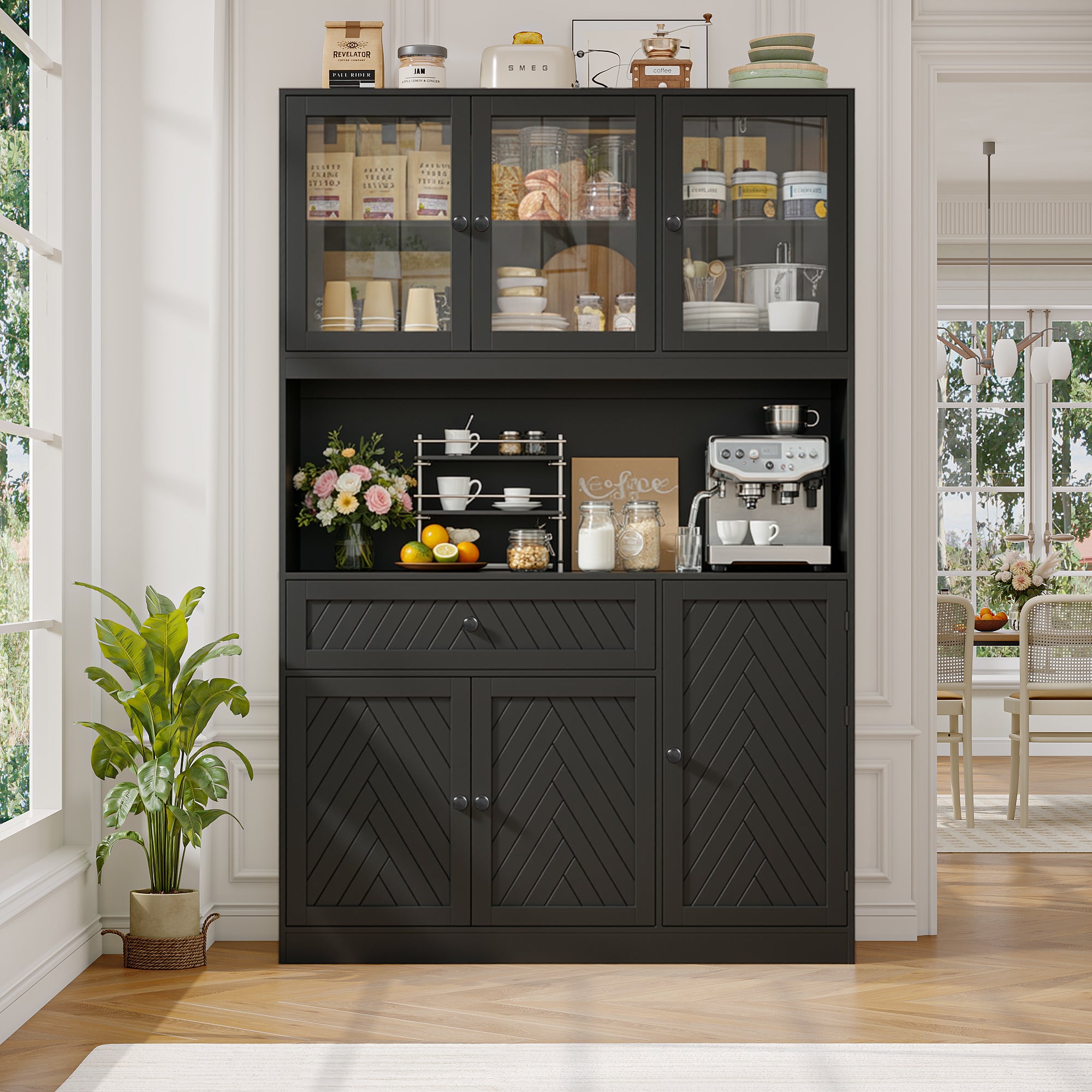 Hiphuta 72" Tall Modern Pantry Cabinet with Adjustable Shelves, Freestanding Kitchen Hutch Cabinet for Dining Room, Black