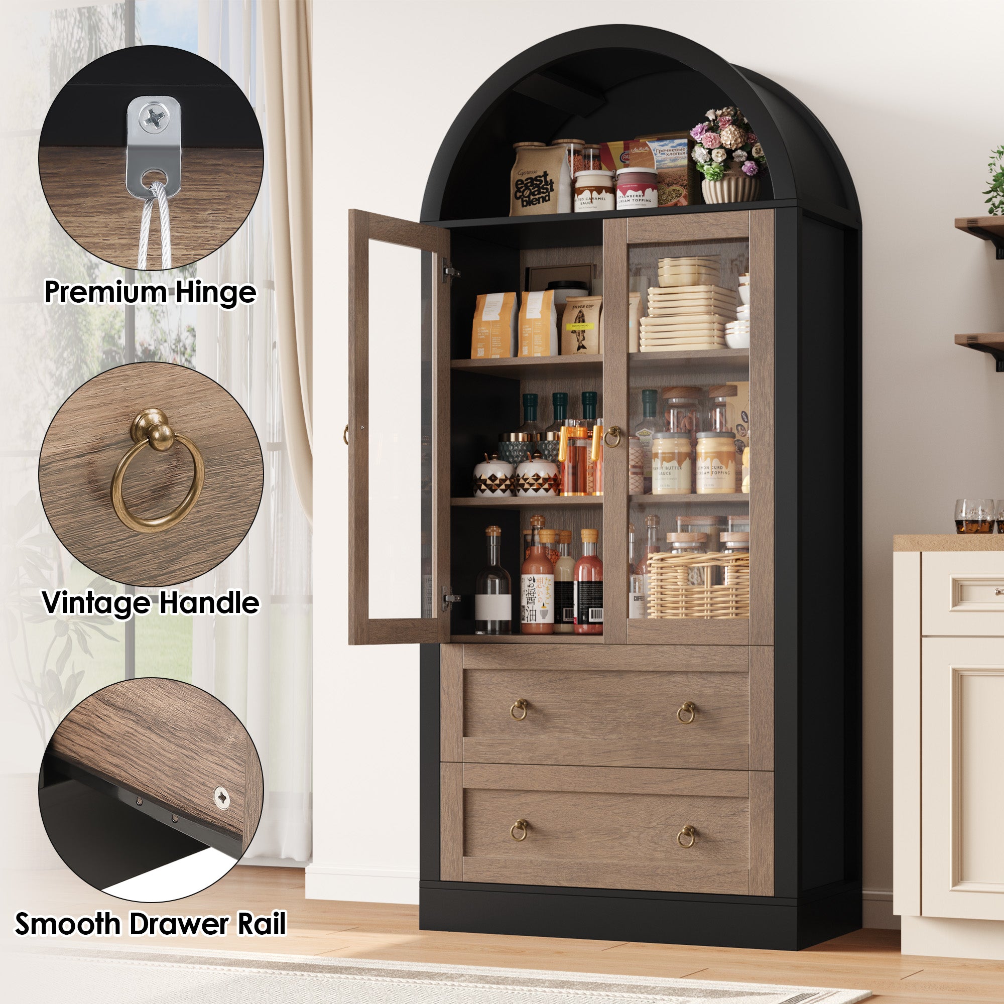 Hiphuta 70" Tall Arched Kitchen Pantry Storage Cabinet with 2 Large Drawers, Freestanding Modern Farmhouse Versatile Hutch Cupboard for Dining Room, Black & Oak