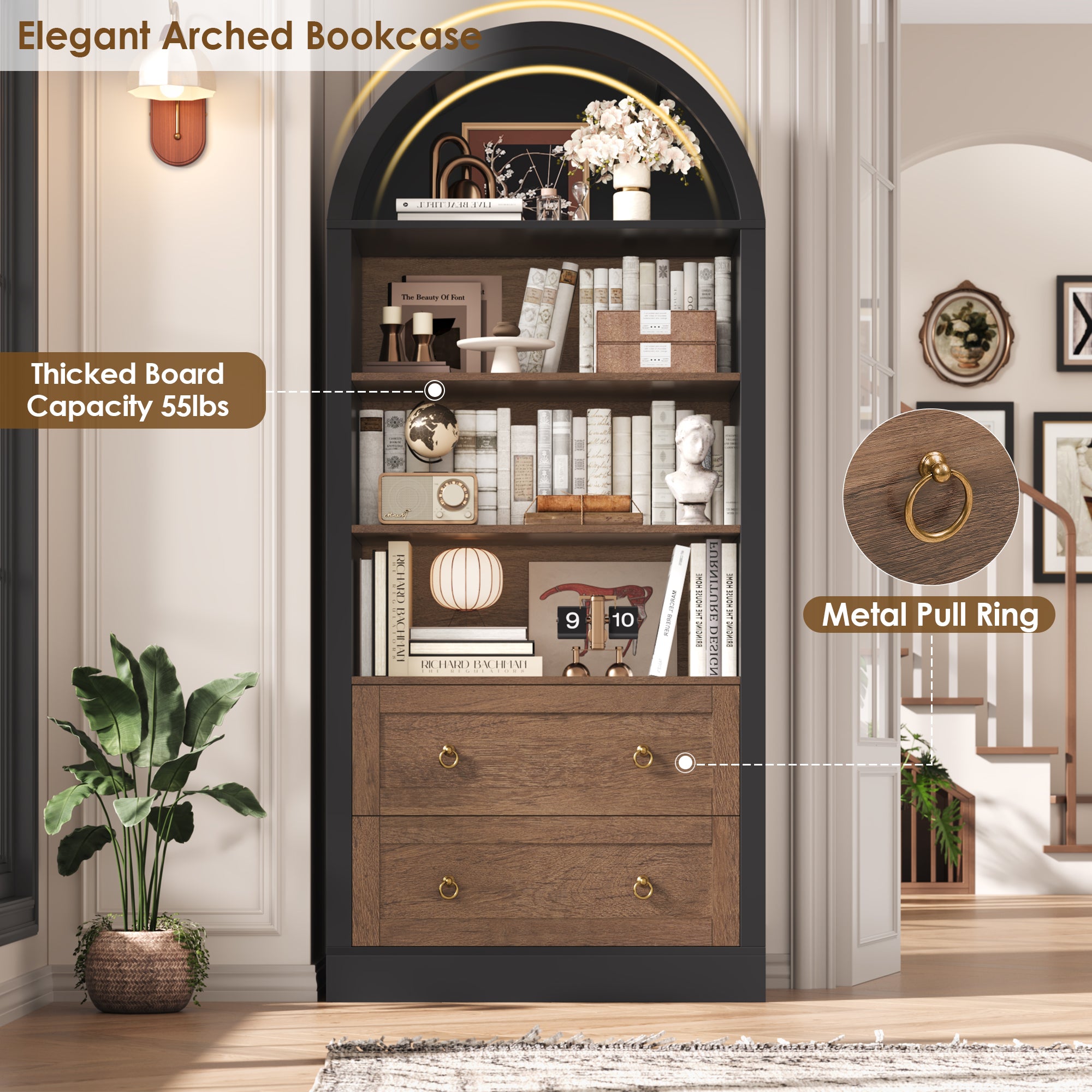 Hiphuta 70"Tall Arched Bookshelf, 4-Tier Bookcase with 2 Large Drawers, Wooden Display Shelf with Storage for Living Room Home Office, Black & Oak