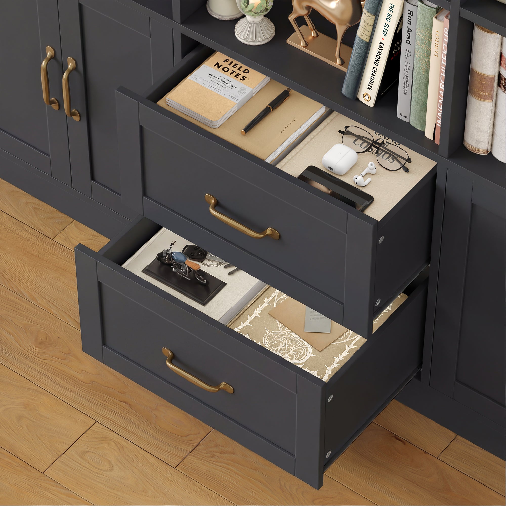 Hiphuta Triple Row 4-tier Bookcase, Large Bookcase with 4 Doors and 2 Drawers, Modern Minimalist Bookcase for Office Living Room, Black