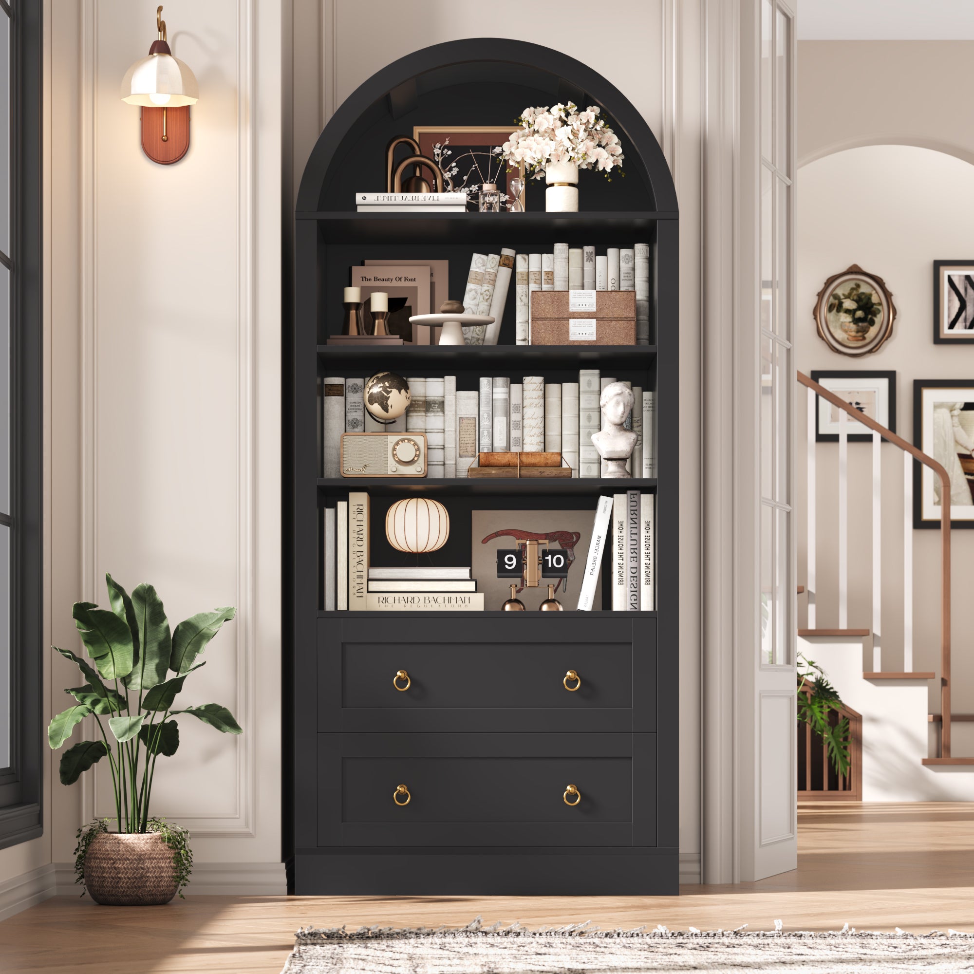 Hiphuta 70"Tall Arched Bookshelf, 4-Tier Bookcase with 2 Large Drawers, Wooden Display Shelf with Storage for Living Room Home Office, Black