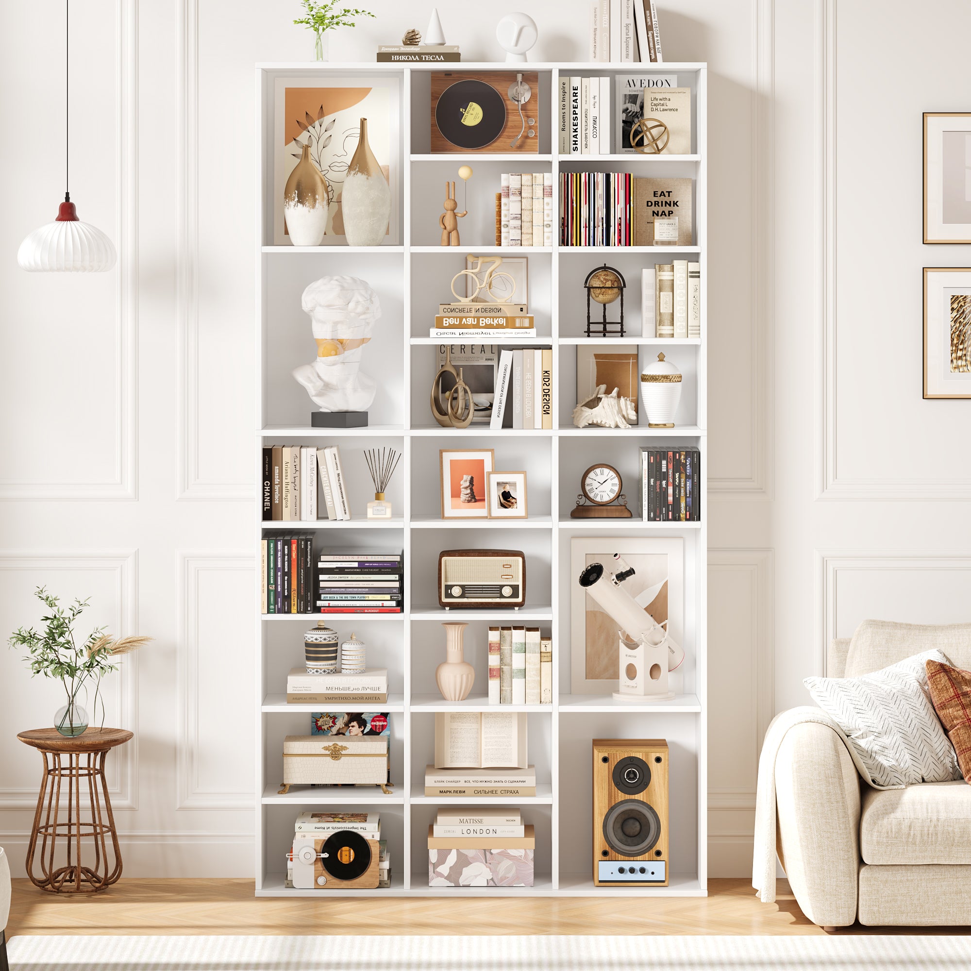Hiphuta 27-Cube 9-Tier Bookcase, 75" Tall Triple-Wide CD Media Storage Organizer with 15 Adjustable Shelves, Freestanding Display Shelf, White
