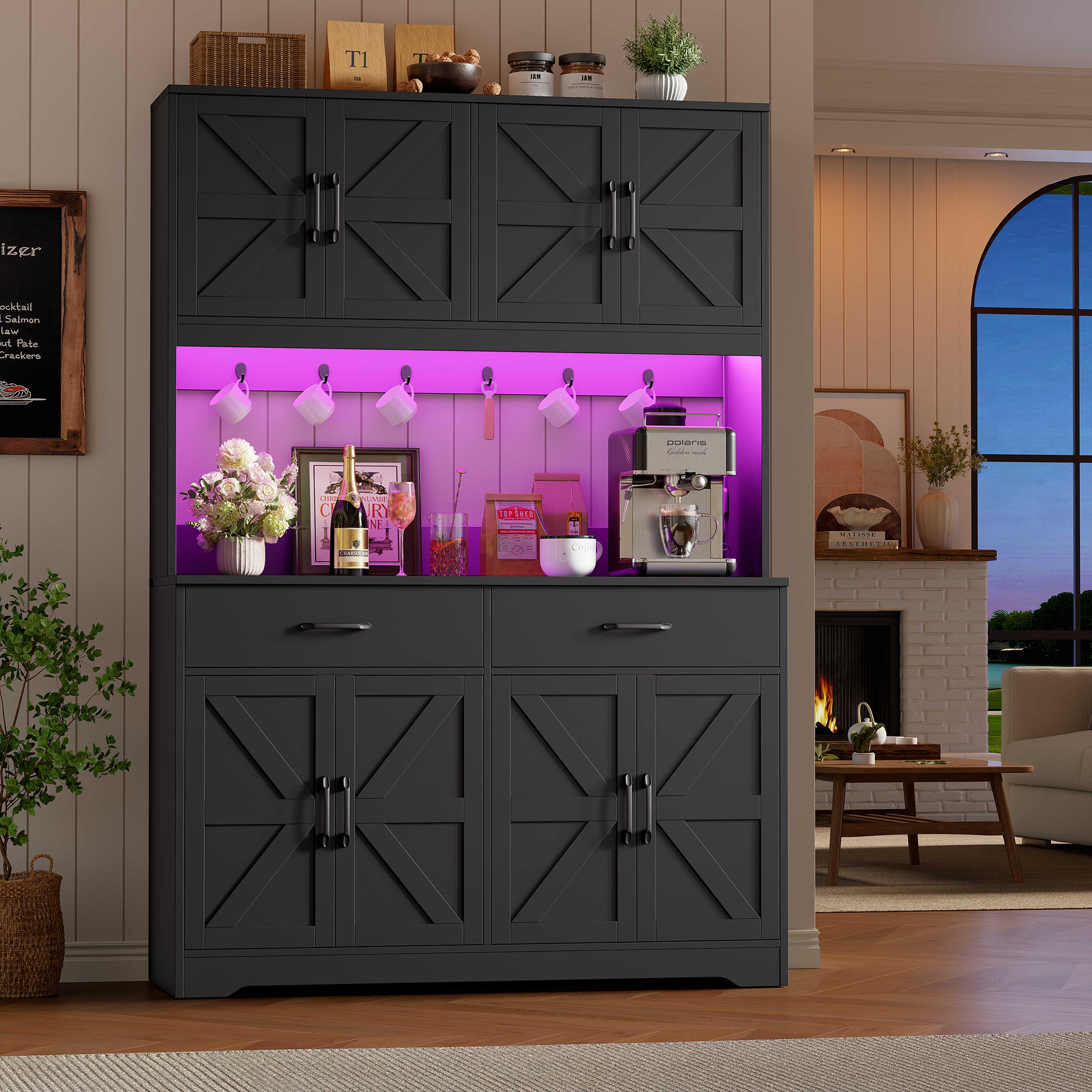 Hiphuta 71" Tall Kitchen Pantry Storage Cabinet with RGB LED and 6 Metal Hooks, Farmhouse Coffee Bar Cabinet with Charging Station, Buffet with Hutch and Microwave Stand, Black