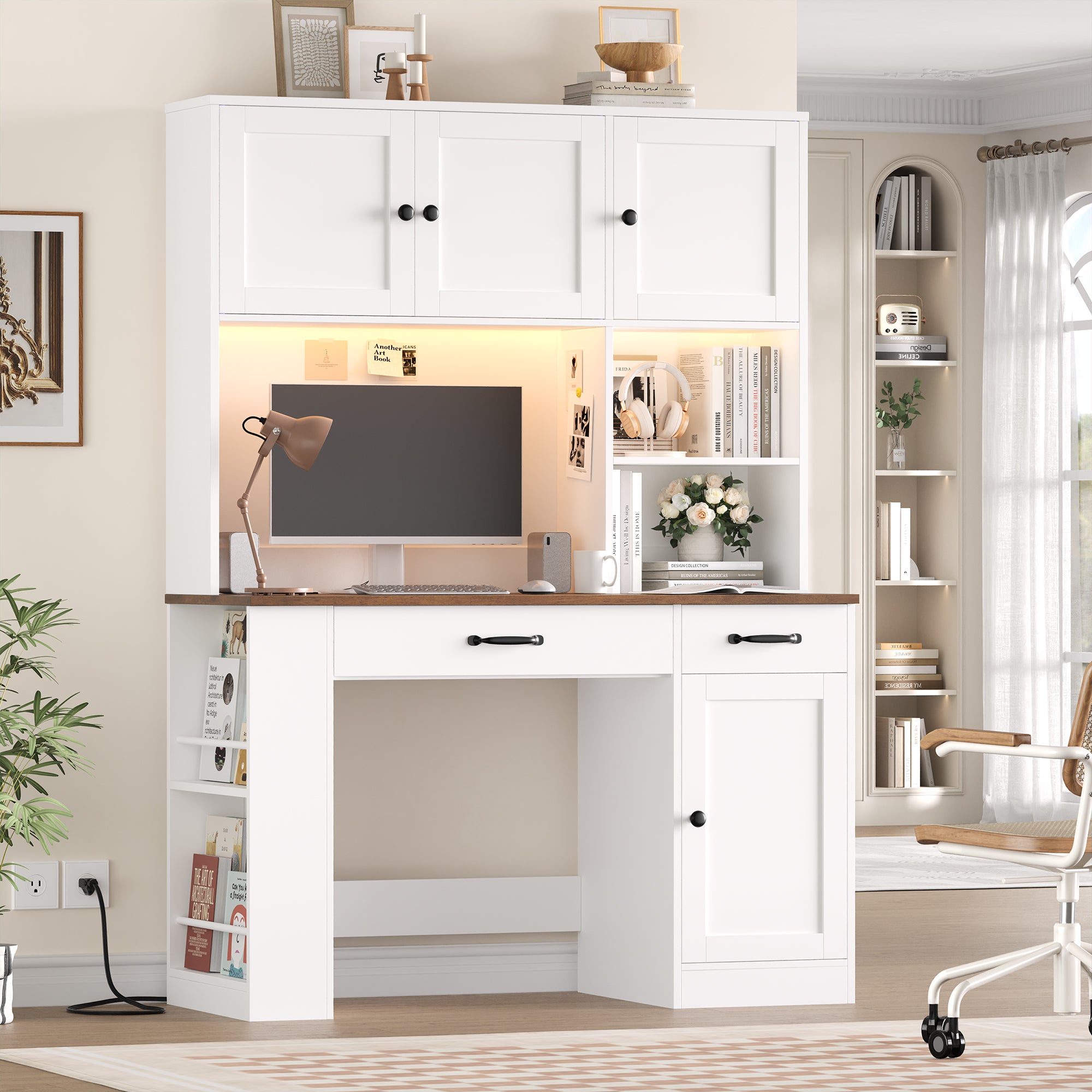 Hiphuta Desk with Hutch Bookshelf & LED Lights, All-in-One Home Office Desk with Charging Outlets and Adjustable Shelves, Study Desk Computer Desk with storage, White