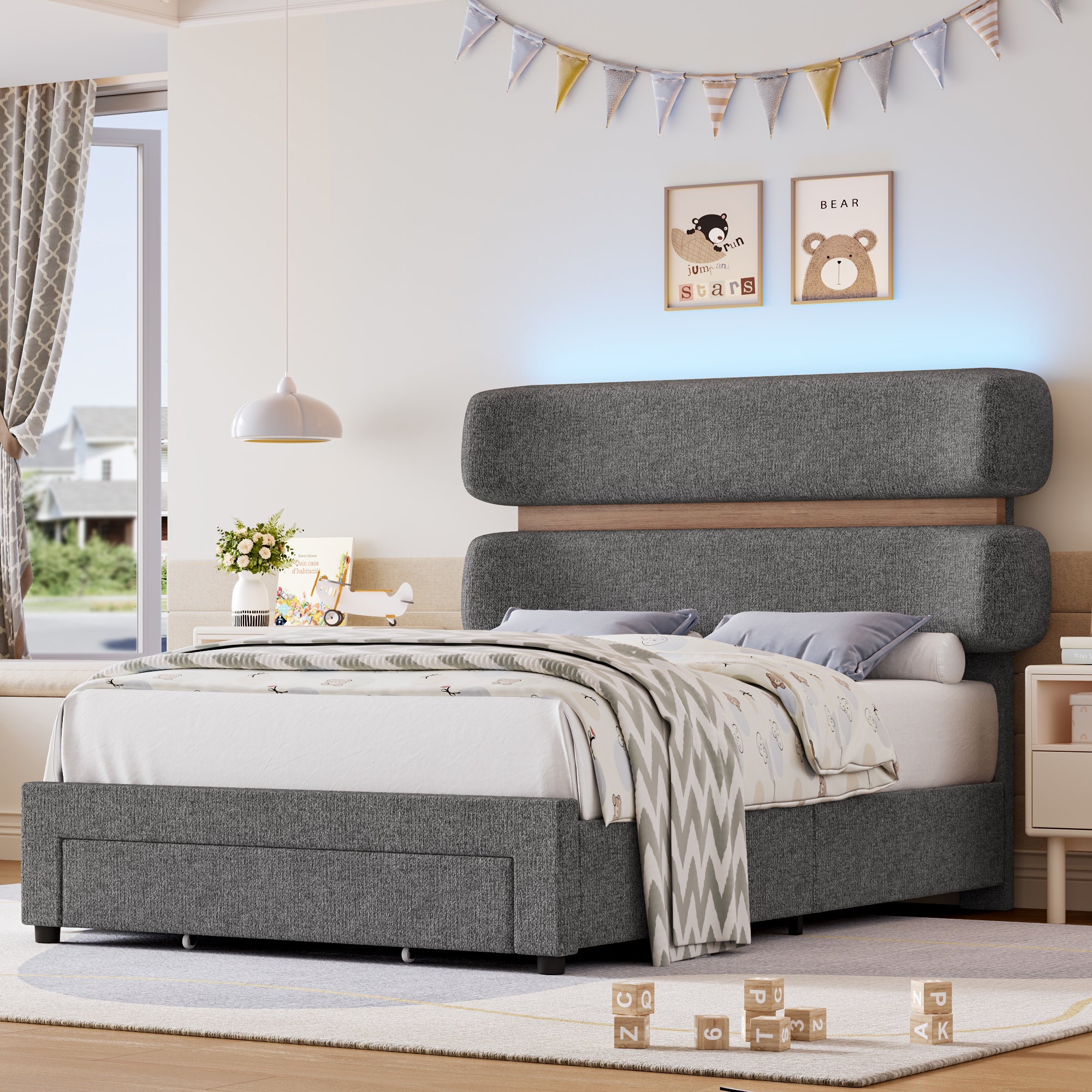 Hiphuta Chenille Twin Bed Frame, Twin Size Upholstered Beds with Storage Drawer and LED, Gray