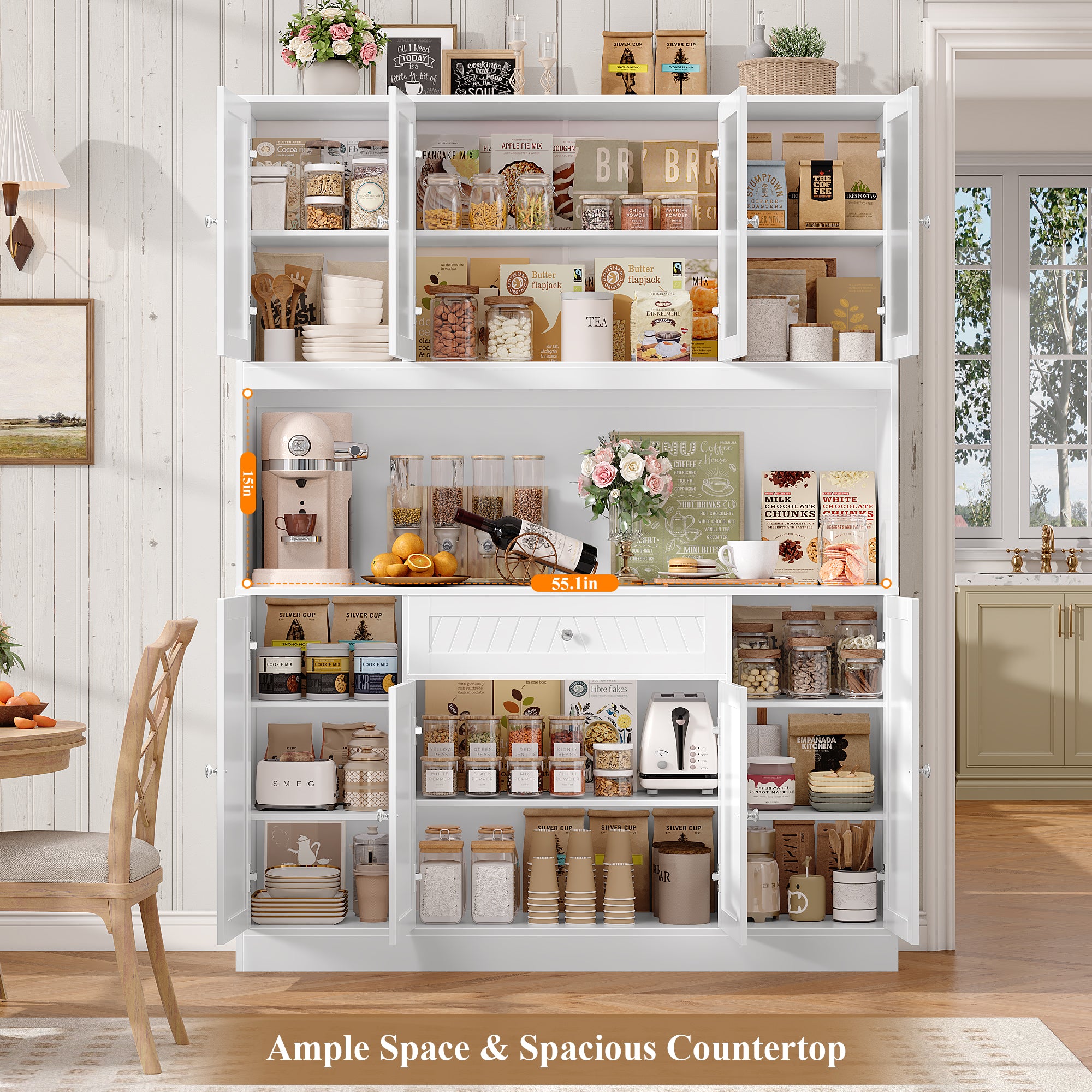 Hiphuta 72" H Kitchen Pantry Cabinet with Frosted Glass Door, 55" W Farmhouse Kitchen Cabinet with Cable Management, Storage Cabinet for Kitchen Dining Room