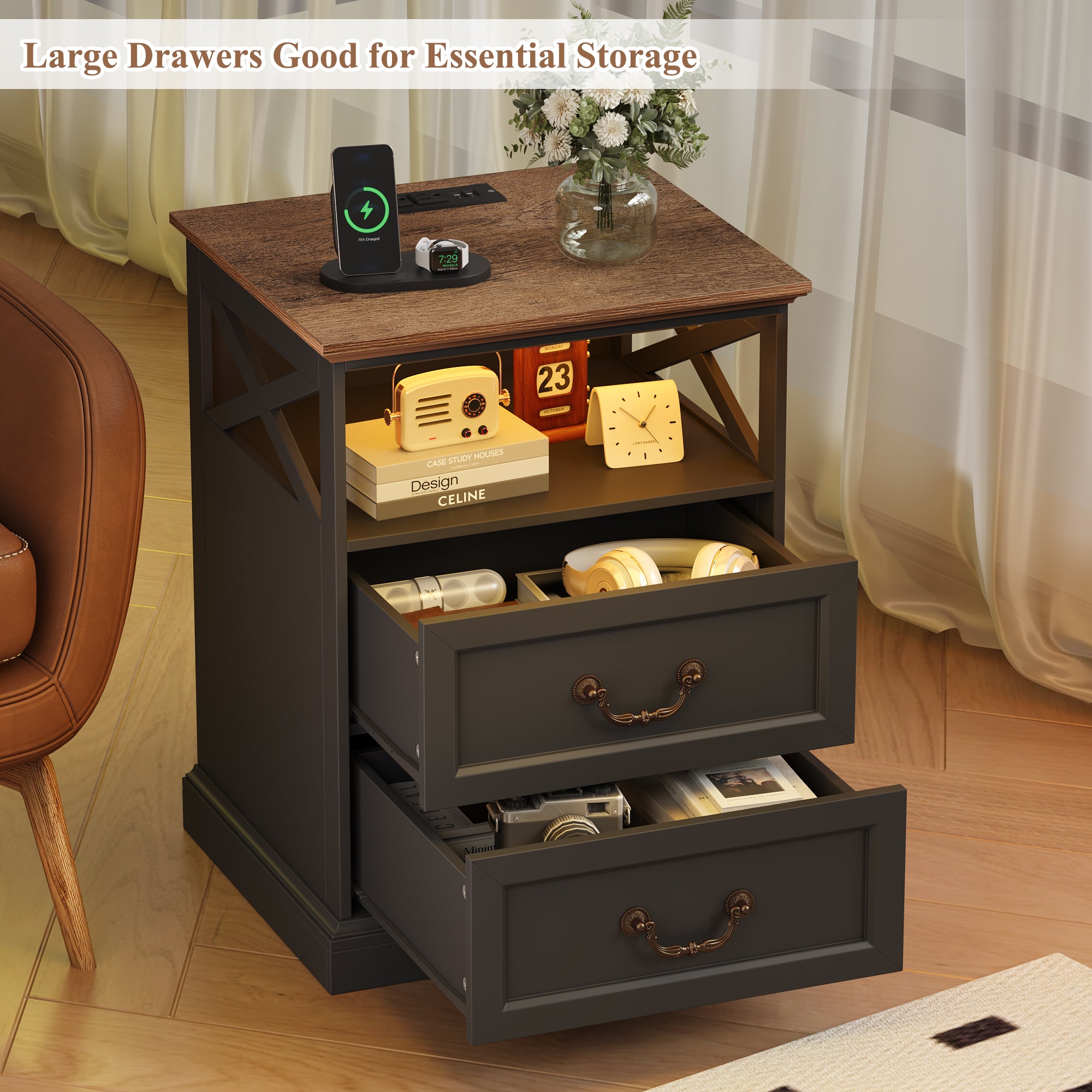 Hiphuta Farmhouse Set of 2 Nightstands with Charge Station, Wood End Table with 3 Drawers for Adult Bedroom, LEDS Bedside Table for Living Room, Black