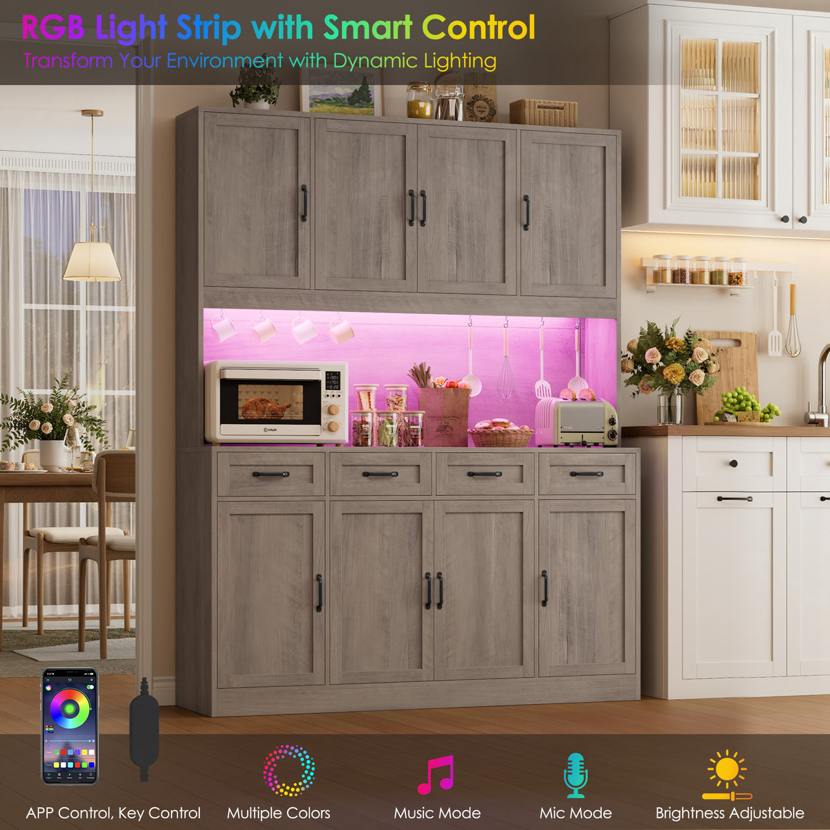 Hiphuta 59" Wide Kitchen Pantry Cabinet with 8 Doors and 4 Drawers, Extra Large Hutch Cabinet with RGB LED and Charging Station, Coffee Bar with 4 Adjustable Shelves, Gray