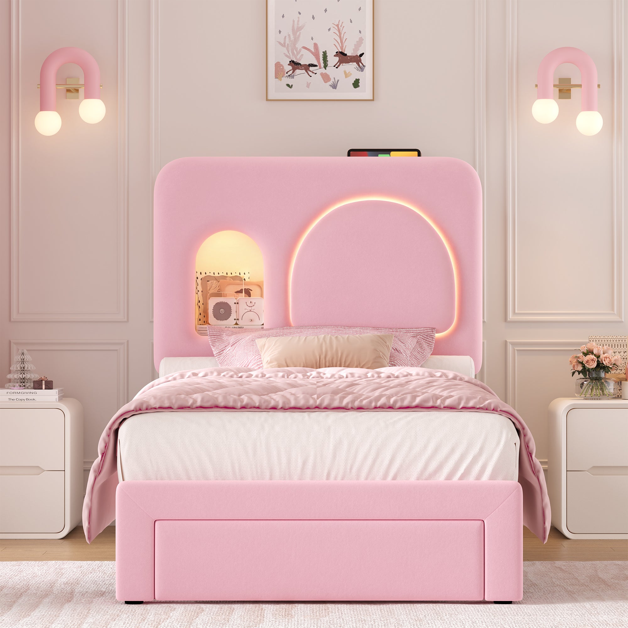 Hiphuta Twin Size Bed Frame with RGB LED and Power Outlets, Velvet Upholstered Platform Bed with Drawer and Side Storage, Pink