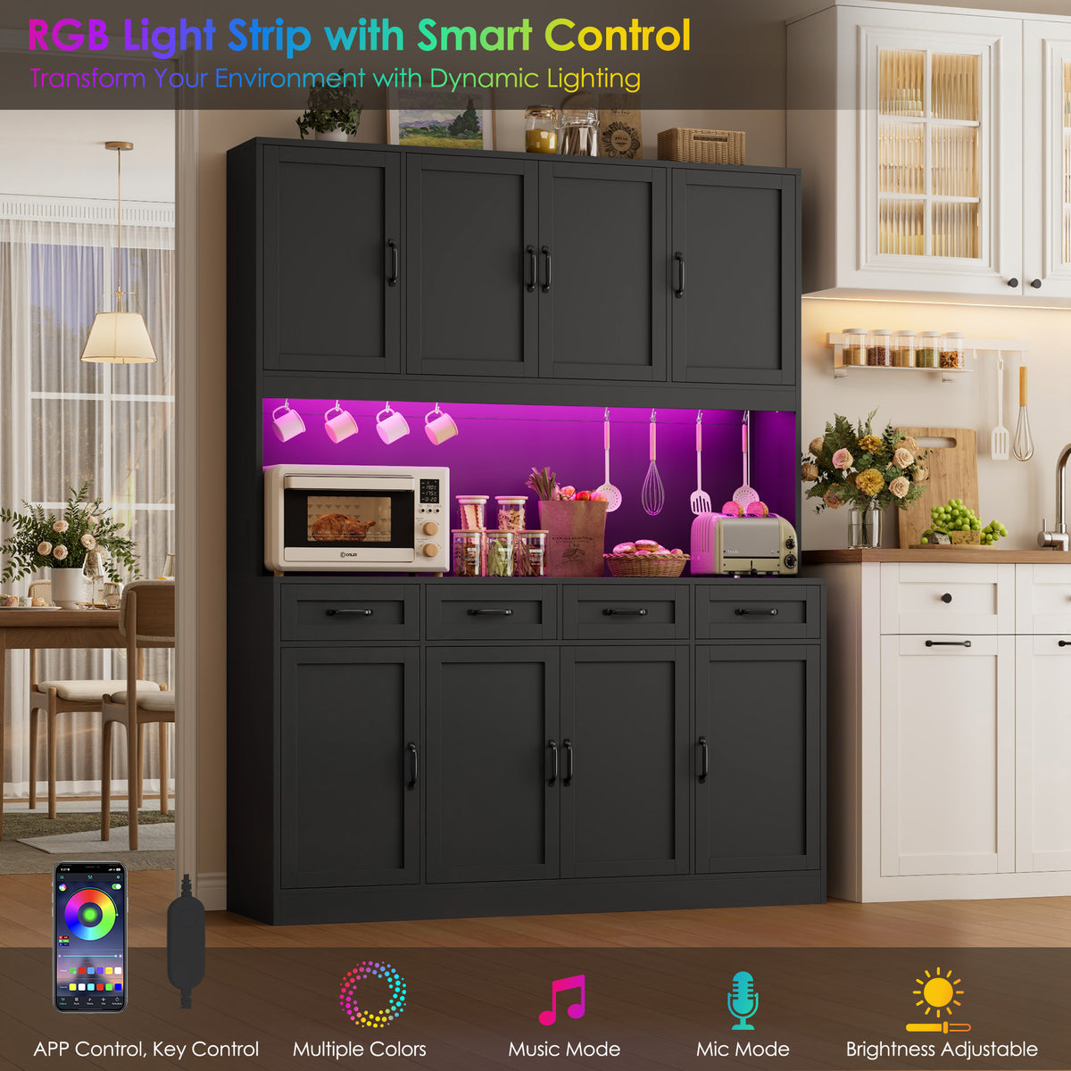 Hiphuta 59" Wide Kitchen Pantry Cabinet with 8 Doors and 4 Drawers, Extra Large Hutch Cabinet with RGB LED and Charging Station, Coffee Bar with 4 Adjustable Shelves, Black