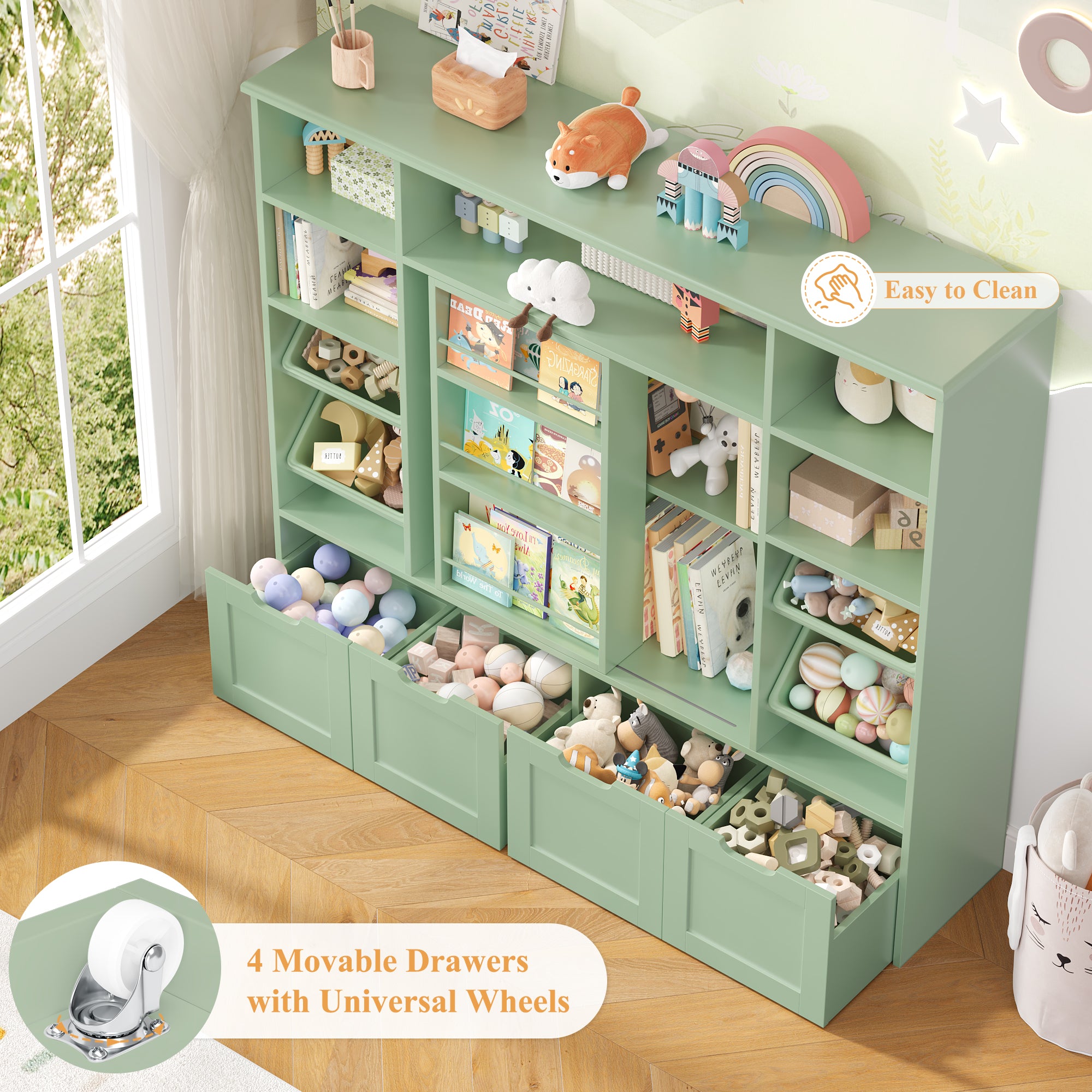 Hiphuta Kid Toy Storage with Bookshelf, Kid Toy Organizer with 4 Removable Drawers, Kid Bookcases with Toy Box for Kid Bedroom Playroom, Green