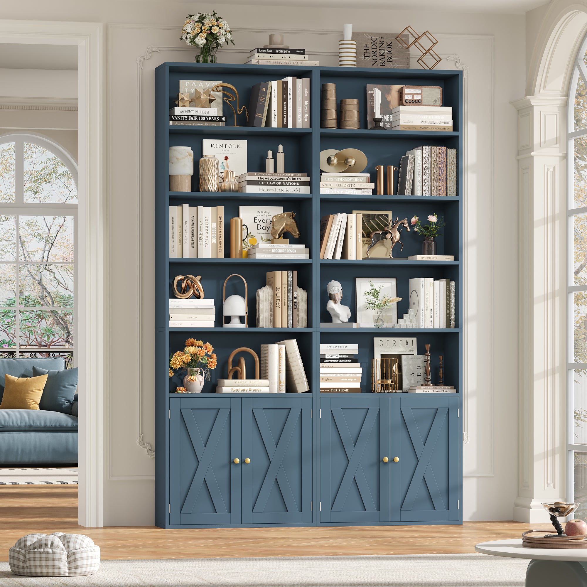 Hiphuta 81.5" Tall Bookcase with Doors, 5-Tier Bookshelves with Storage, 23.6"W Display Shelf with 2 Doors for Home Office, Living Room, Blue