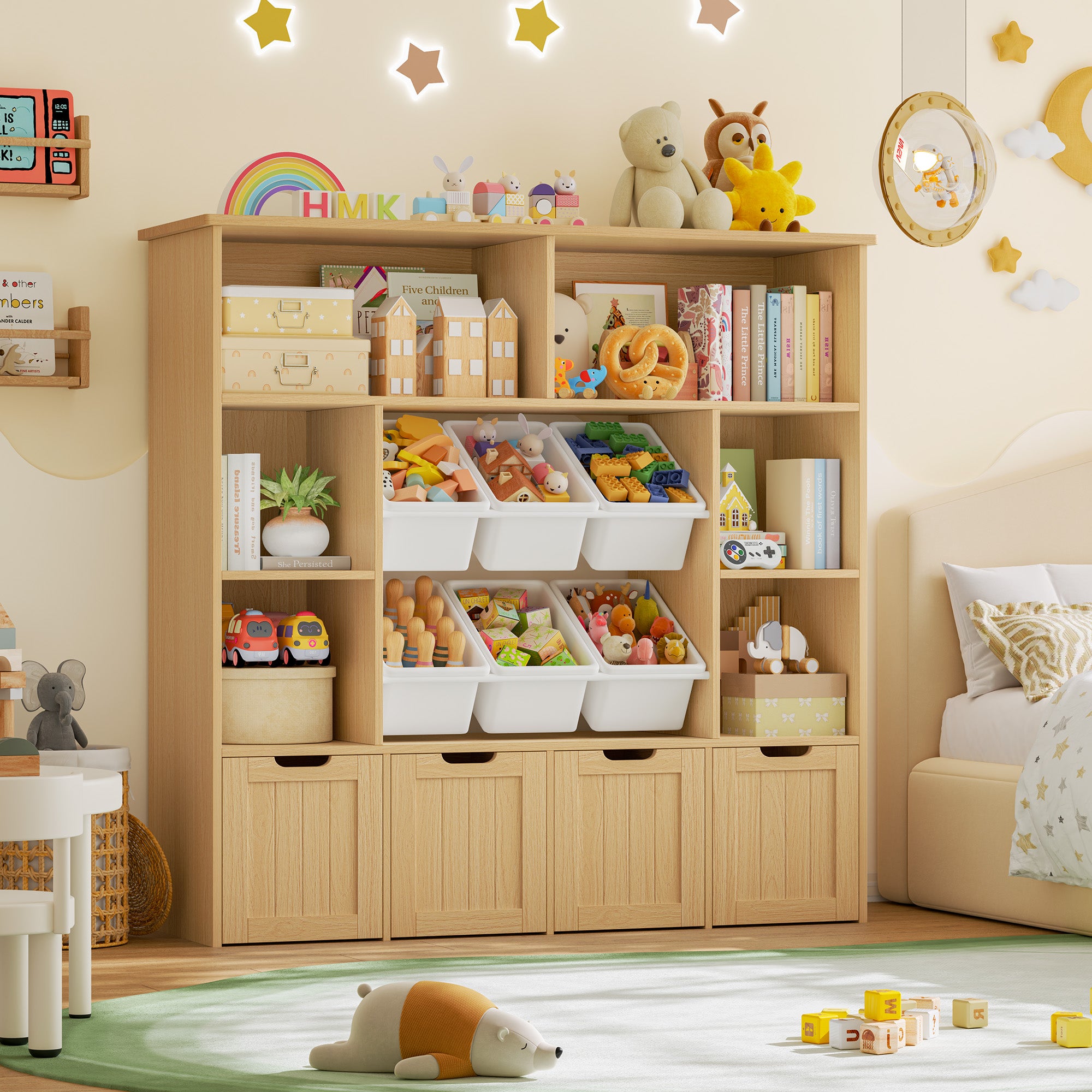 Hiphuta Large 4 Tier Kids Bookcase, Wood Toy Organizer of 6 Boxes & 4 Removable Drawers, Bookshelf for Kids Room Classroom, Natural