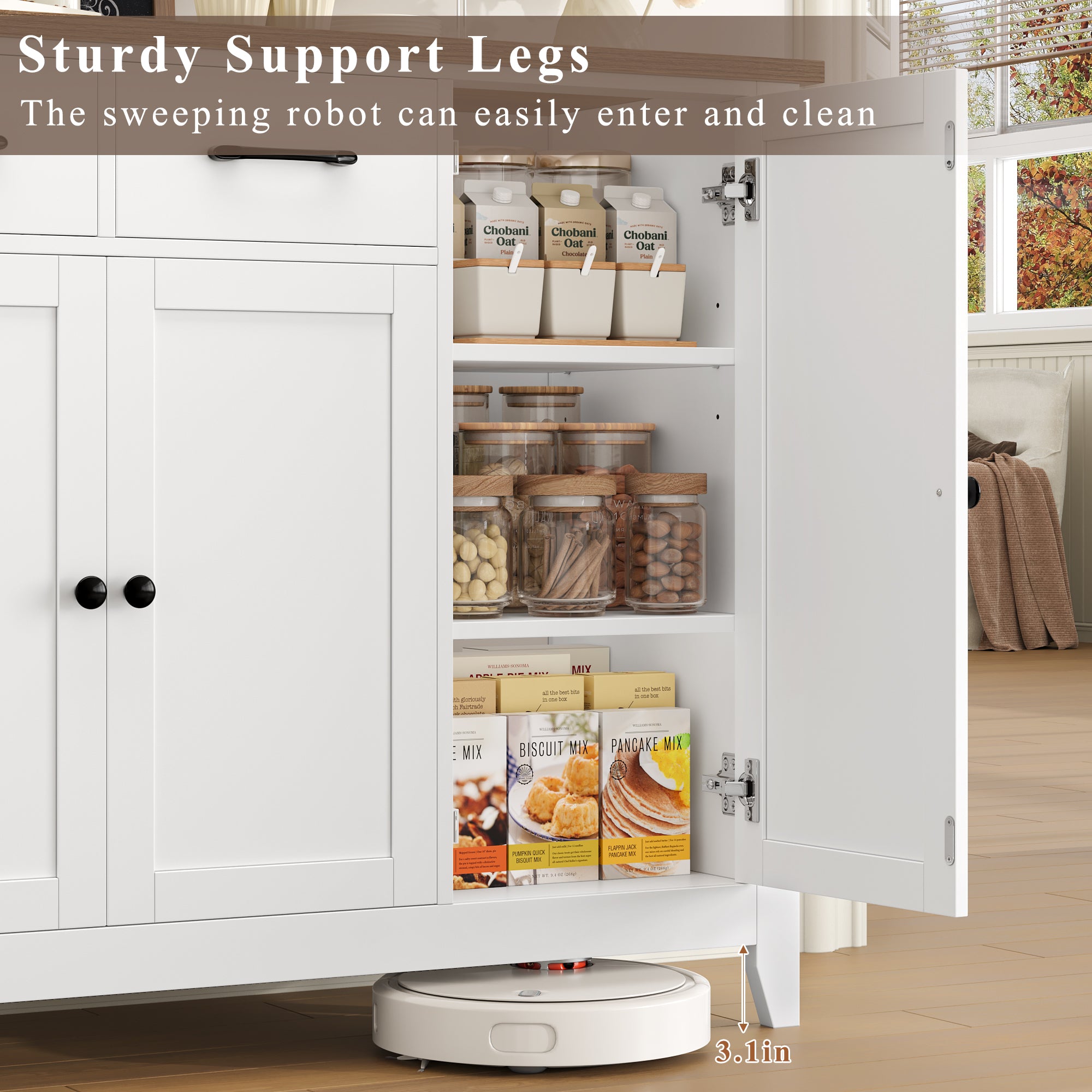 Hiphuta 55" Wide Buffet Cabinet with 2 Drawers & Adjustable Shelves, Modern Coffee Bar Cabinet with 2 Drawers and Sturdy Base for Living Room, White