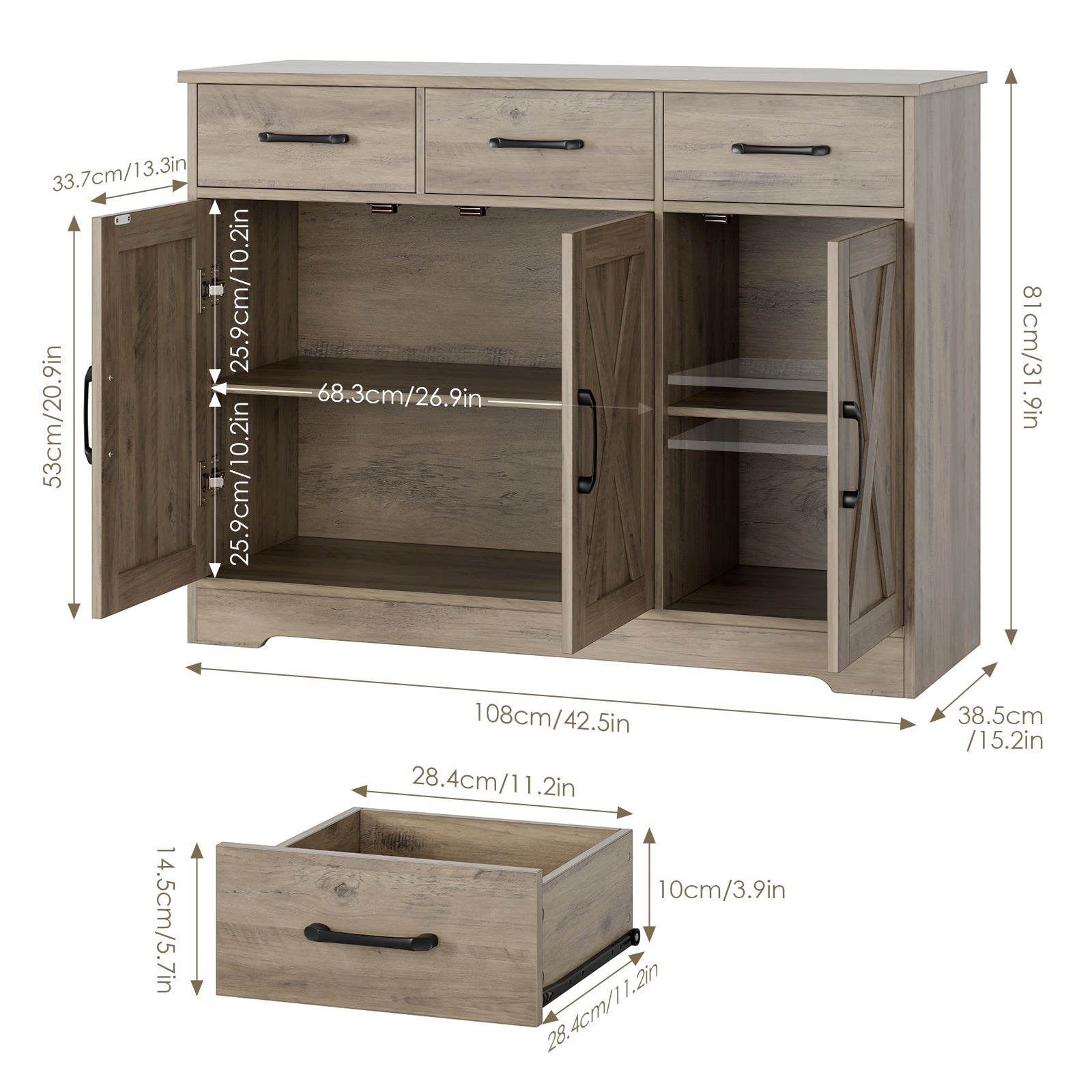 Hiphuta 42.5” Wide Modern Buffet Sideboard, Farmhouse Credenza with Adjustable Shelf & 3 Drawers, Rustic Brown