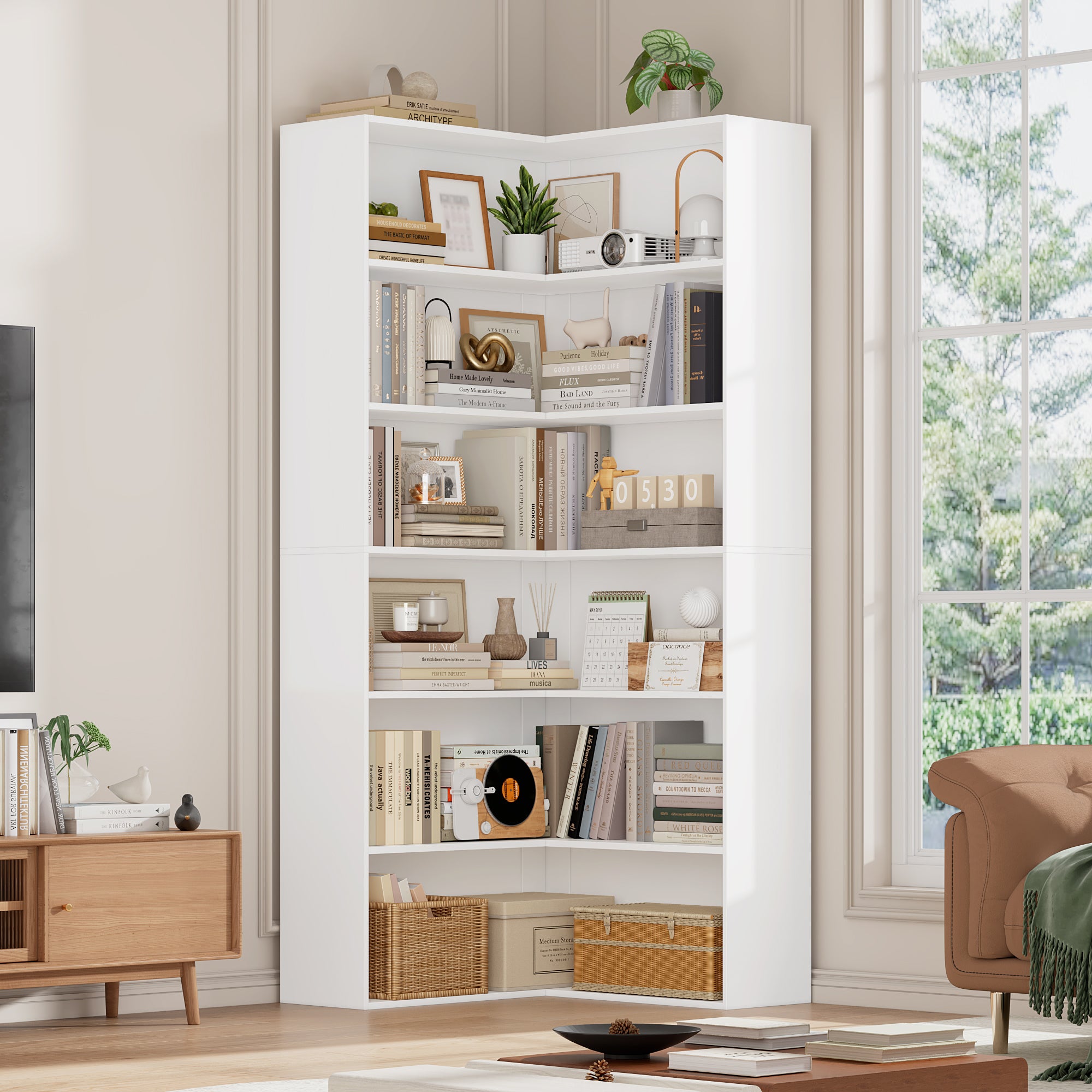 Hiphuta 74" Tall Corner Bookcase, Modern 6-Tier Corner Wooden Bookshelf, Minimalist L-Shaped Bookcase for Office Living Room, White