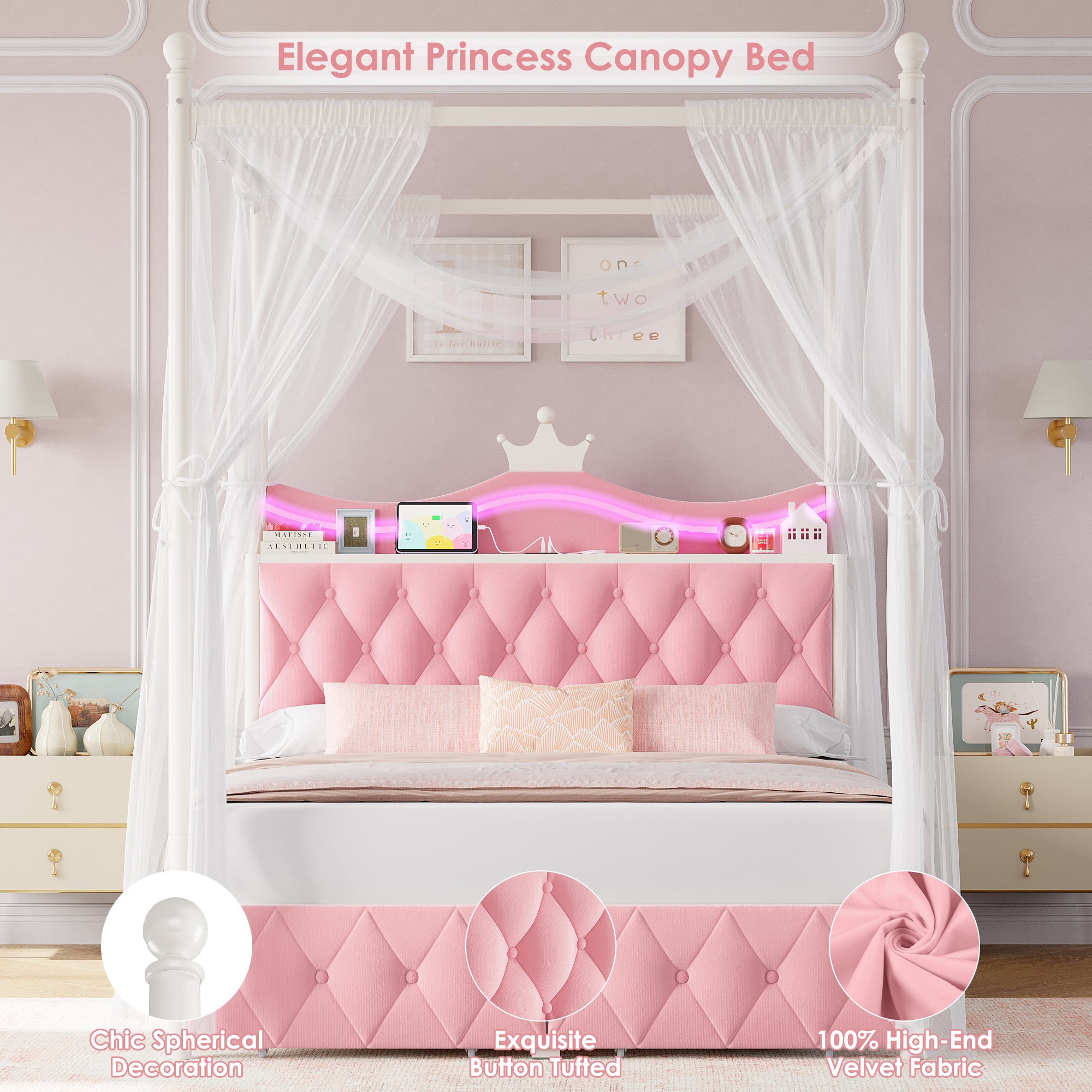 Hiphuta Full Size Crown Canopy Bed with Power Outlet & LED, Upholstered Princess Beds with 4 Removable Posts, Full Bed Frames, Pink