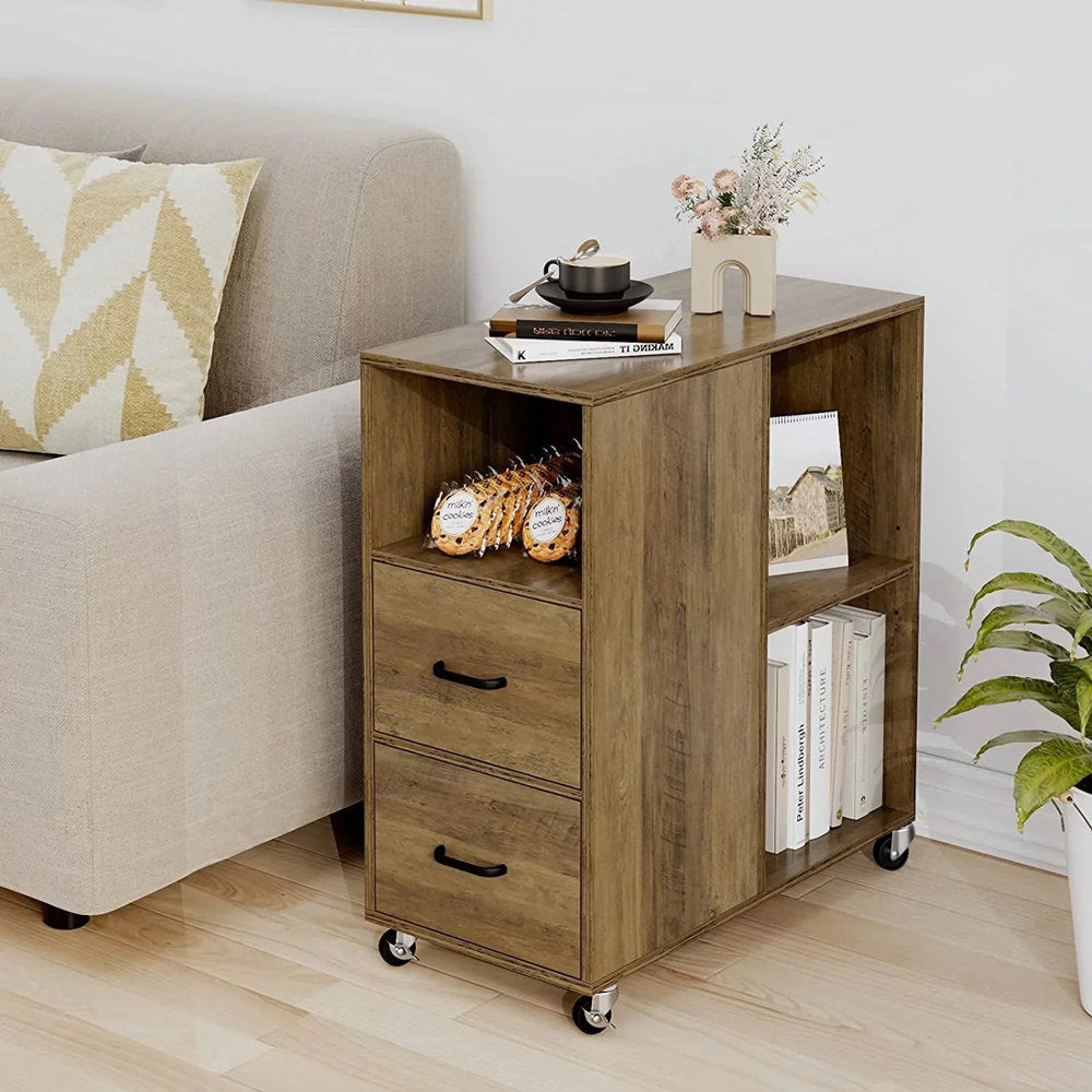 Hiphuta Movable End Side Table with 2 Drawers & Adjustable Shelf, Narrow Bedside Table, Rustic Brown