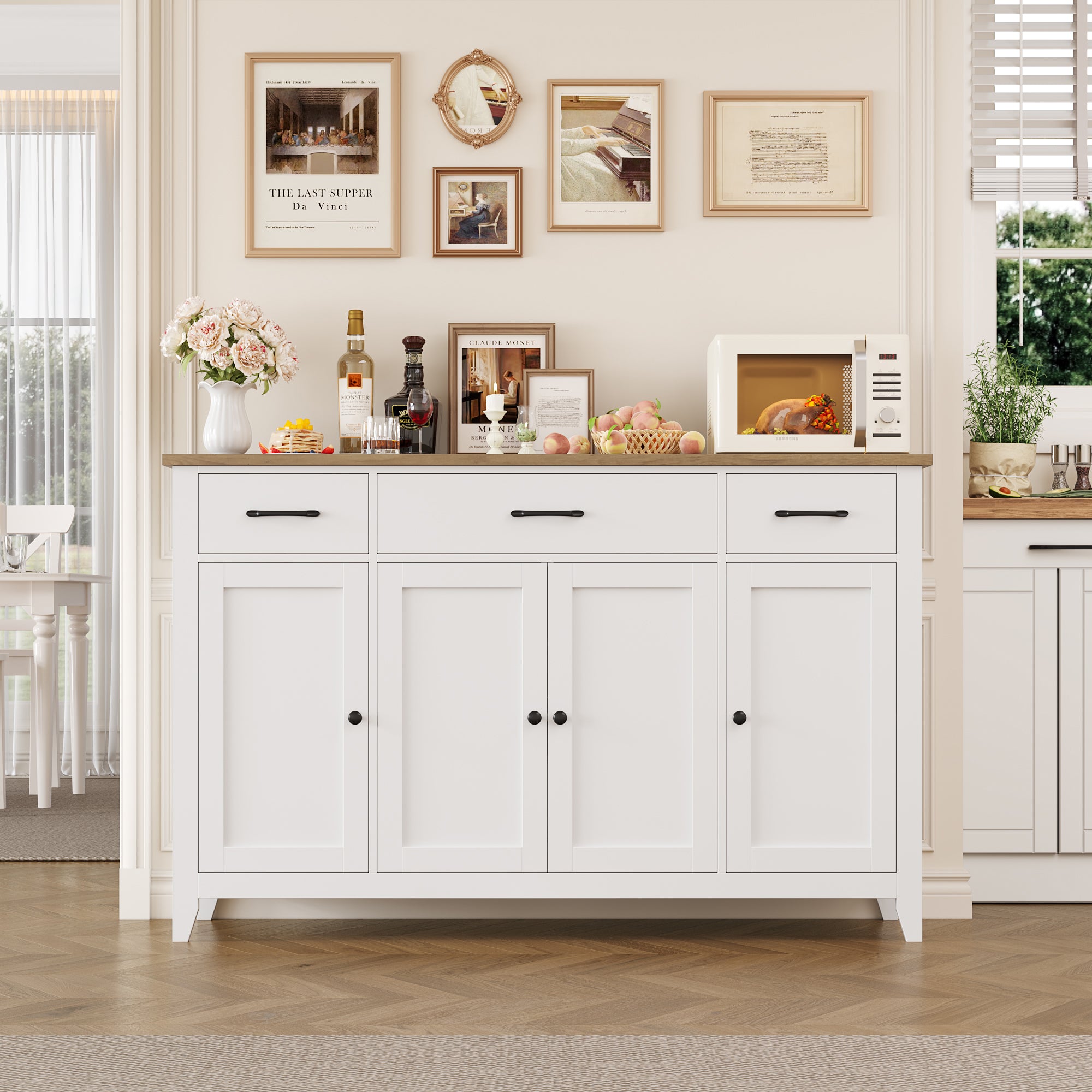 Hiphuta 55"Wide Buffet Cabinet with 2 Adjustable Shelves, Modern Farmhouse Coffee Bar with 3 Drawers and Sturdy Base for Living Room, White