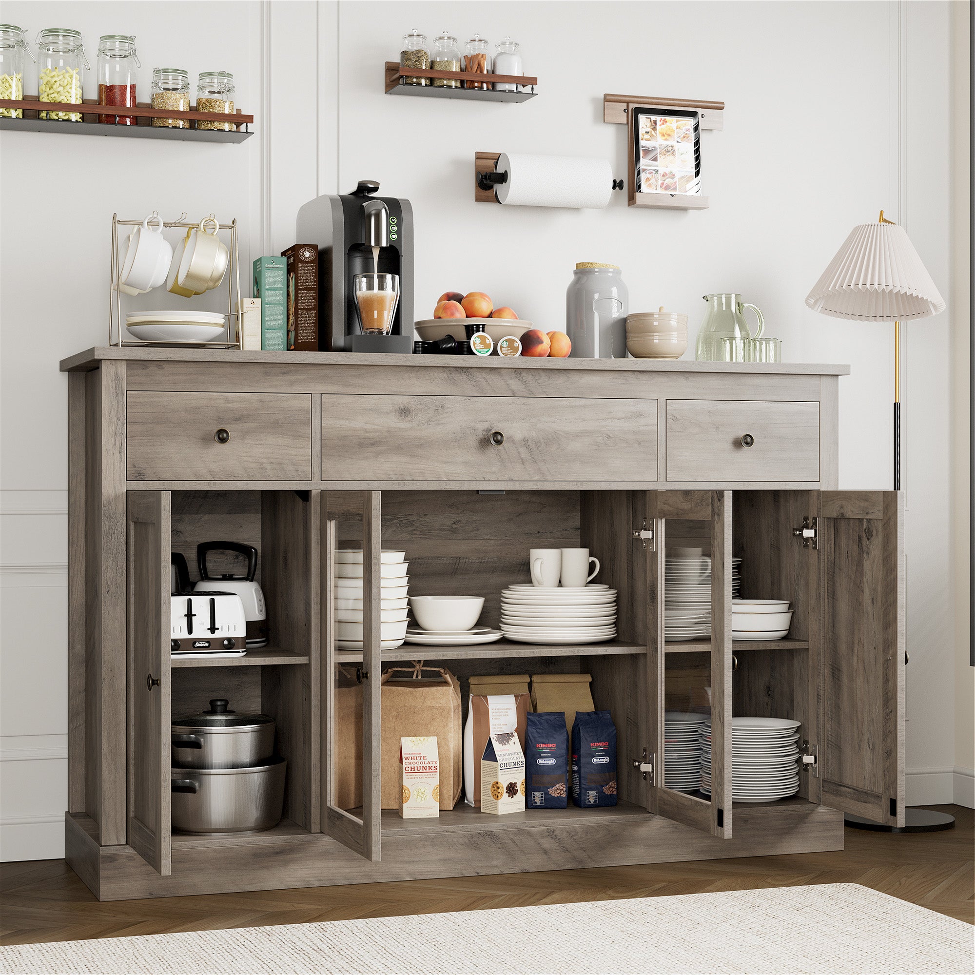 Hiphuta 55” Large Buffet Sideboard, Farmhouse Wood Credenza Cabinet with 3 Drawers & 2 Glass Doors, Rustic Brown