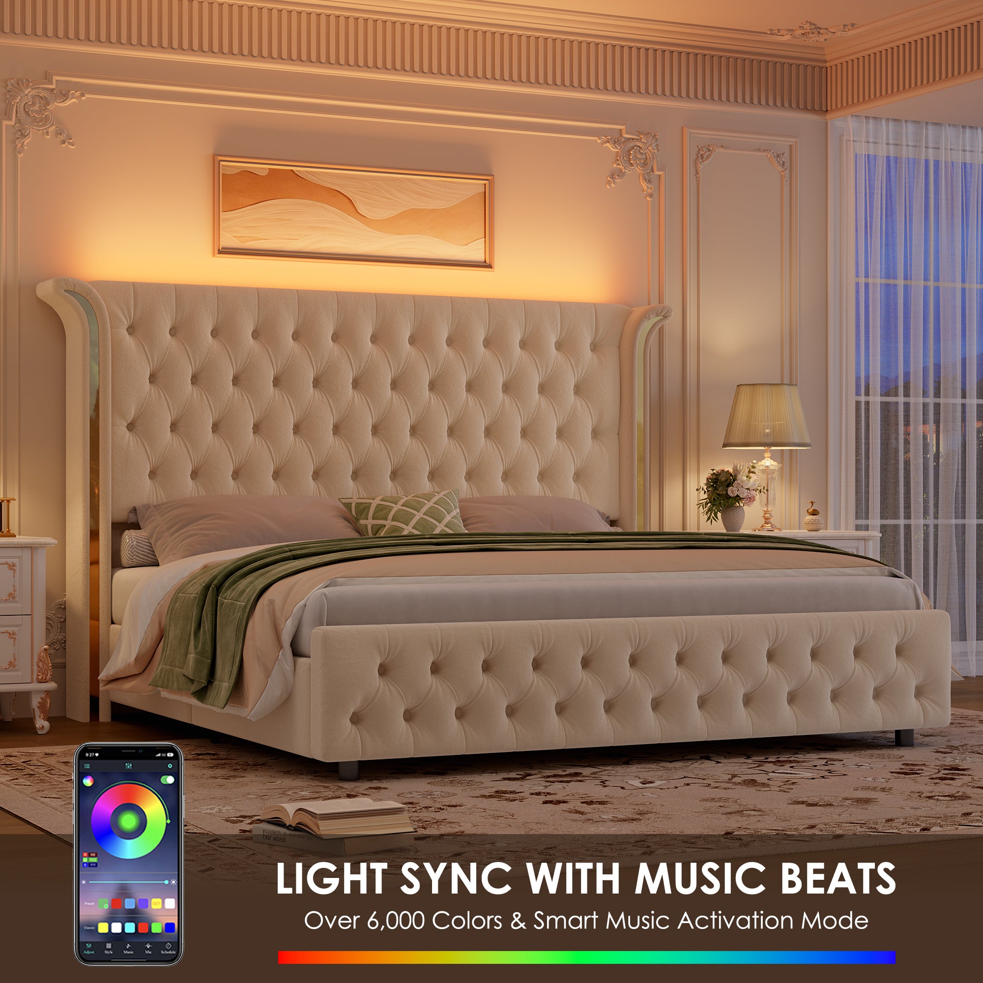 Hiphuta Queen Bed with LED Light, Cama Queen Platform Bed with Button Tufted Velvet Upholstered Headboard, White