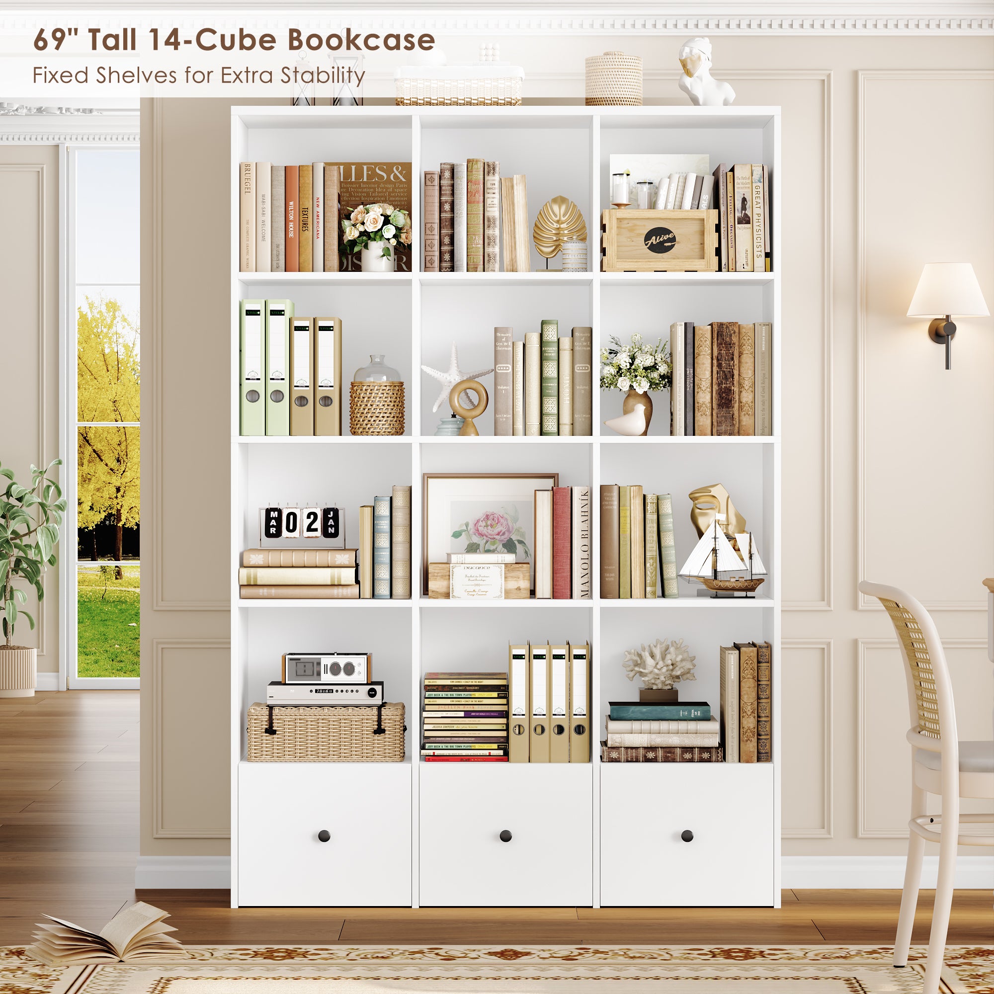 Hiphuta Triple Row 4-Tier Bookcase with 12 Cubes, 69" Tall Large Bookcase with 3 Drawers, for Office Living Room, White