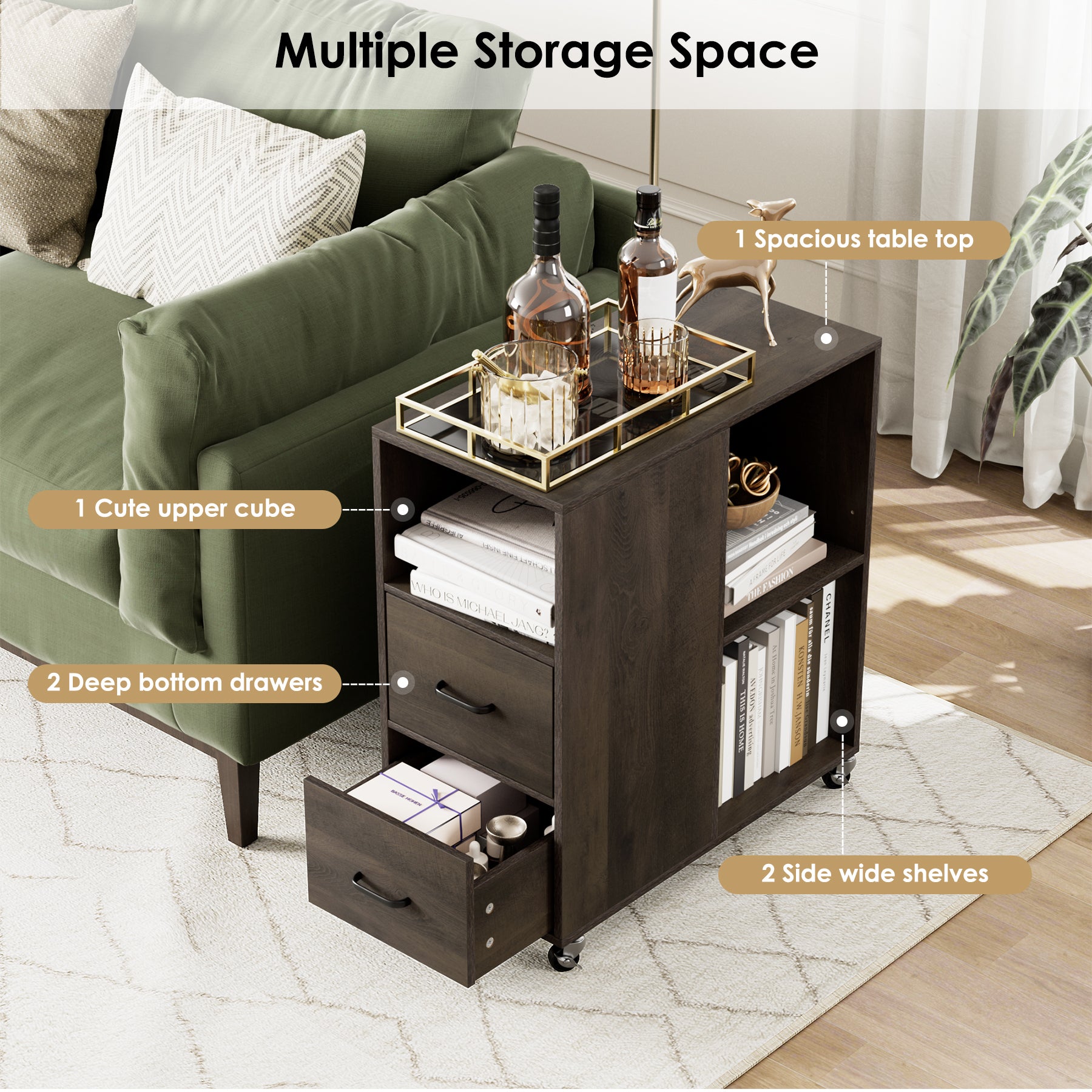 Hiphuta Movable End Side Table with 2 Drawers & Adjustable Shelf, Narrow Bedside Table, Dark Brown