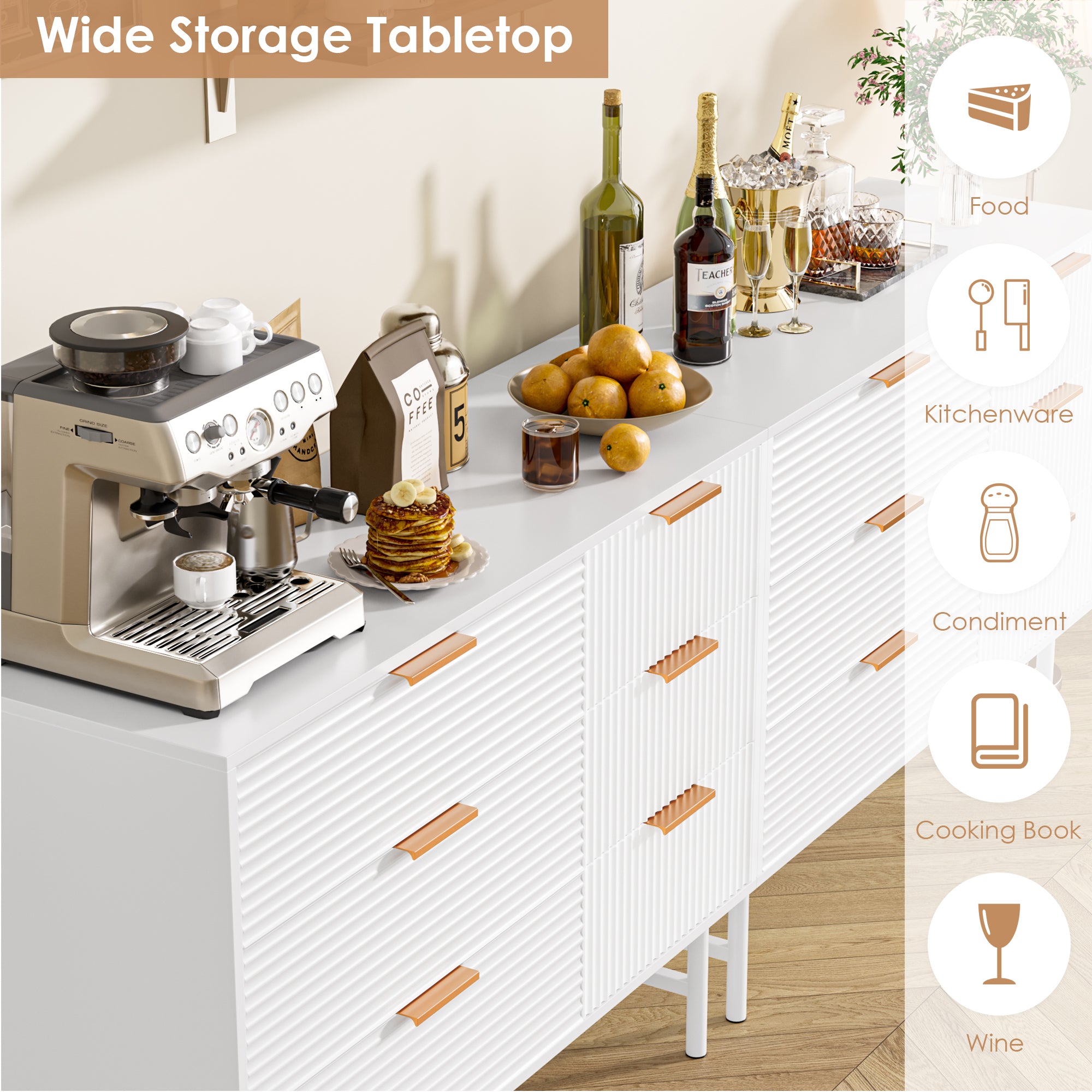 Hiphuta 85” Long Kitchen Buffet Cabinet with 6 Creamy Wave Panel Wood Drawers, Large Sideboard Storage Cabinet, White